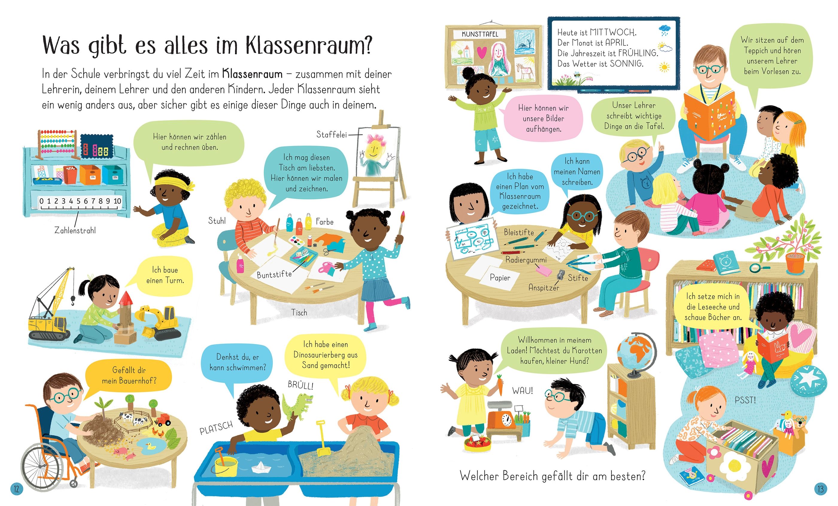 Schulkinder – Das sind wir! - Einblicke in Klassenräume: Abgebildet sind verschiedene Kinder, die die unterschiedlichsten Räume einer Schule vorstellen.