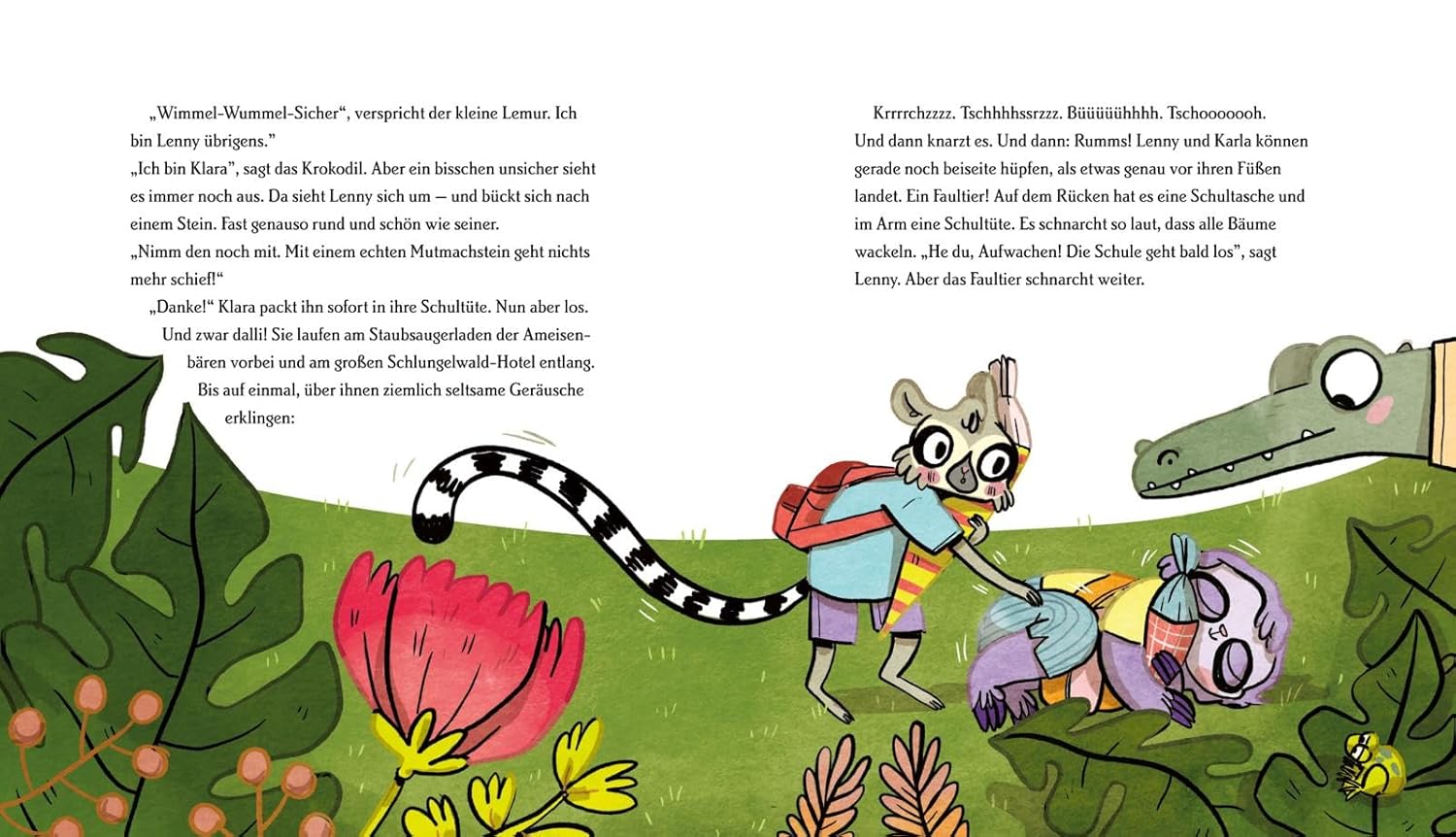 Schulstart im Schling-Schlang-Schlungelwald - Auf dem Schulweg: Zu sehen auf dem Bild ist ein Lemurenkind, das ein Faultier-Mädchen, das gerade schläft, weckt.