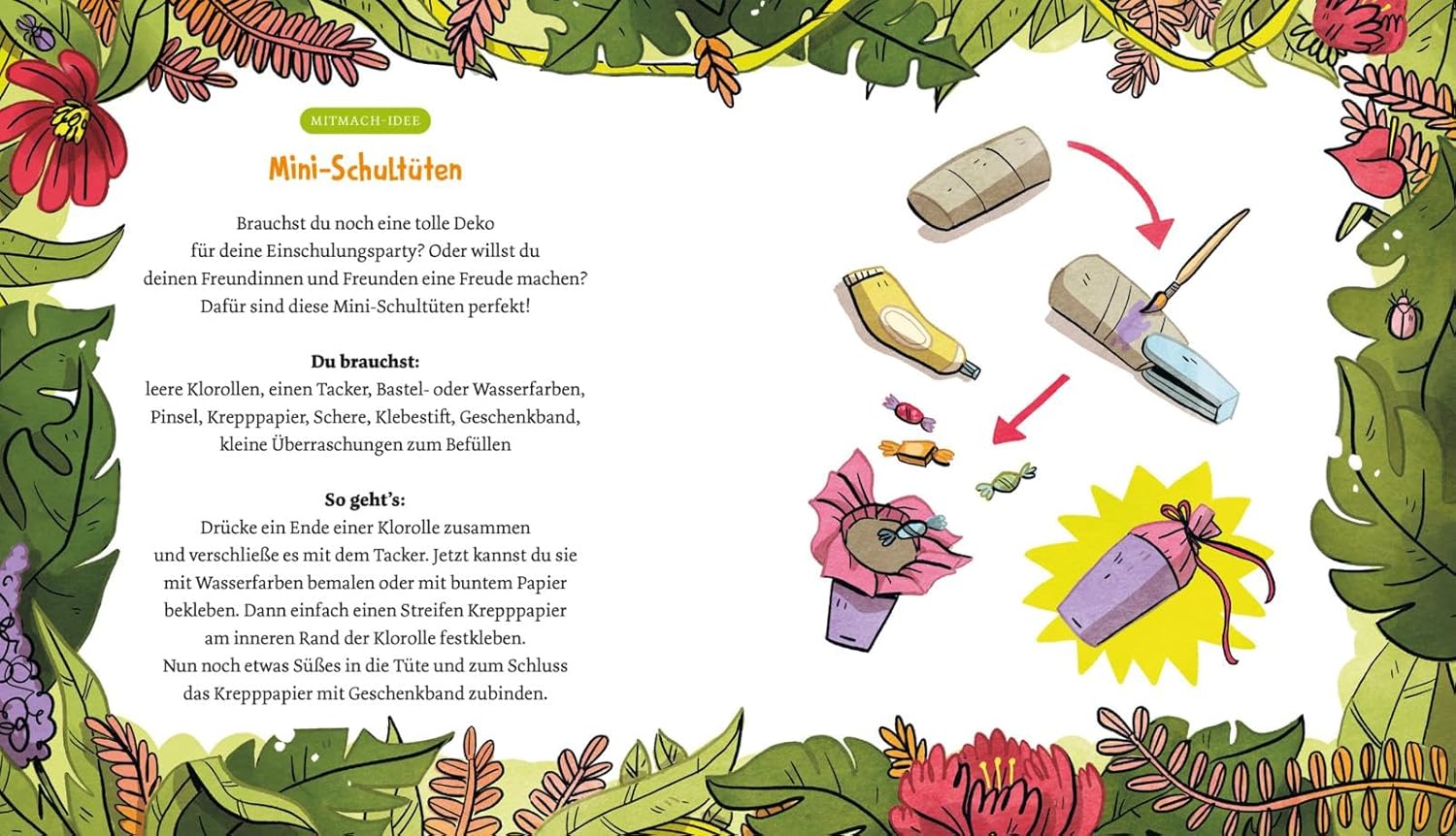 Schulstart im Schling-Schlang-Schlungelwald - Bastelanleitungen für Schultüten: Abgebildet ist der Text zu einer Bastelanleitung, die dazu in kleinen Illustrationen gezeigt wird.