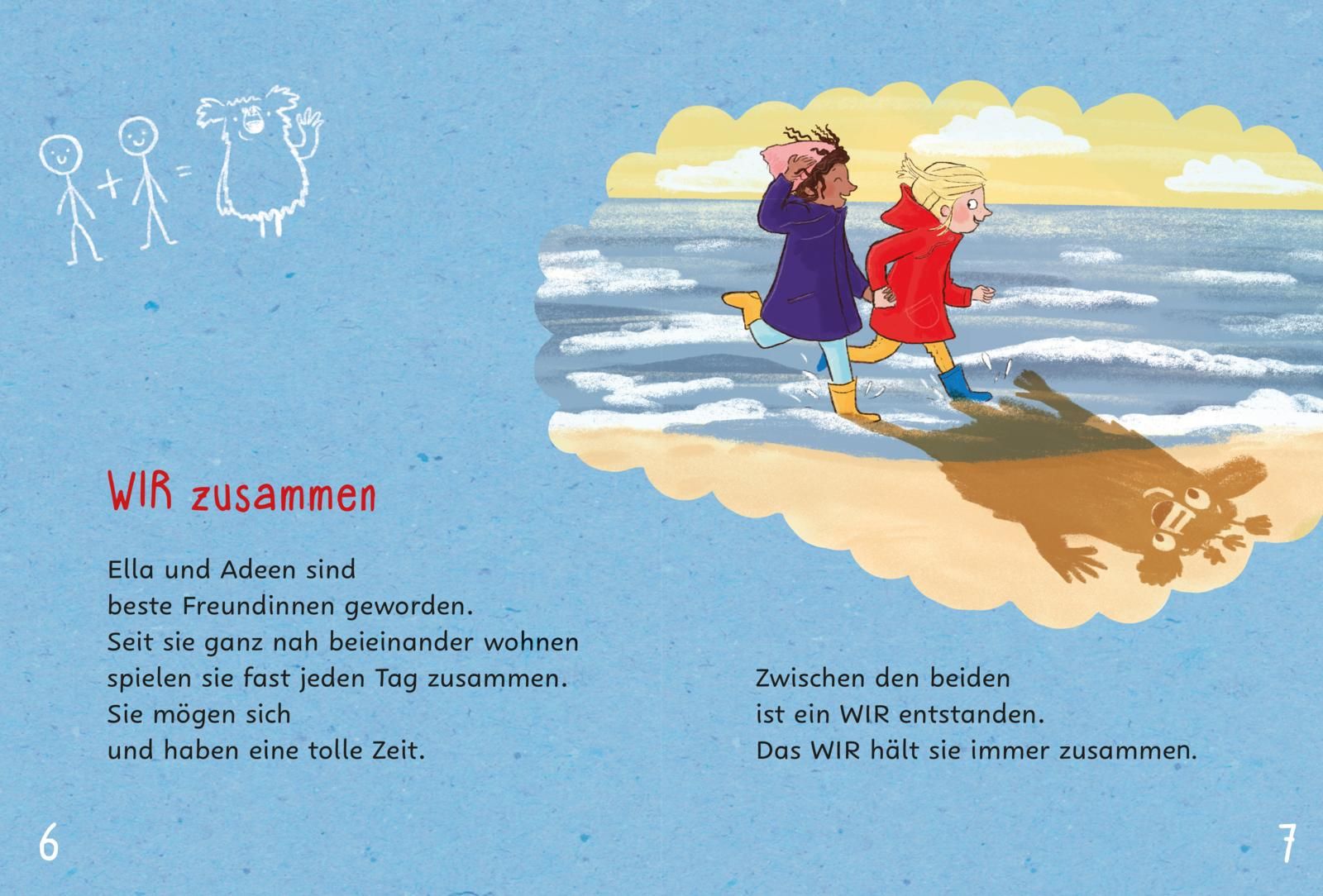 WIR alle in unserer Klasse - Ella und Adeen: Abgebildet sind zwei Mädcehn, die Hand in Hand am Meerufer über den Strand laufen.