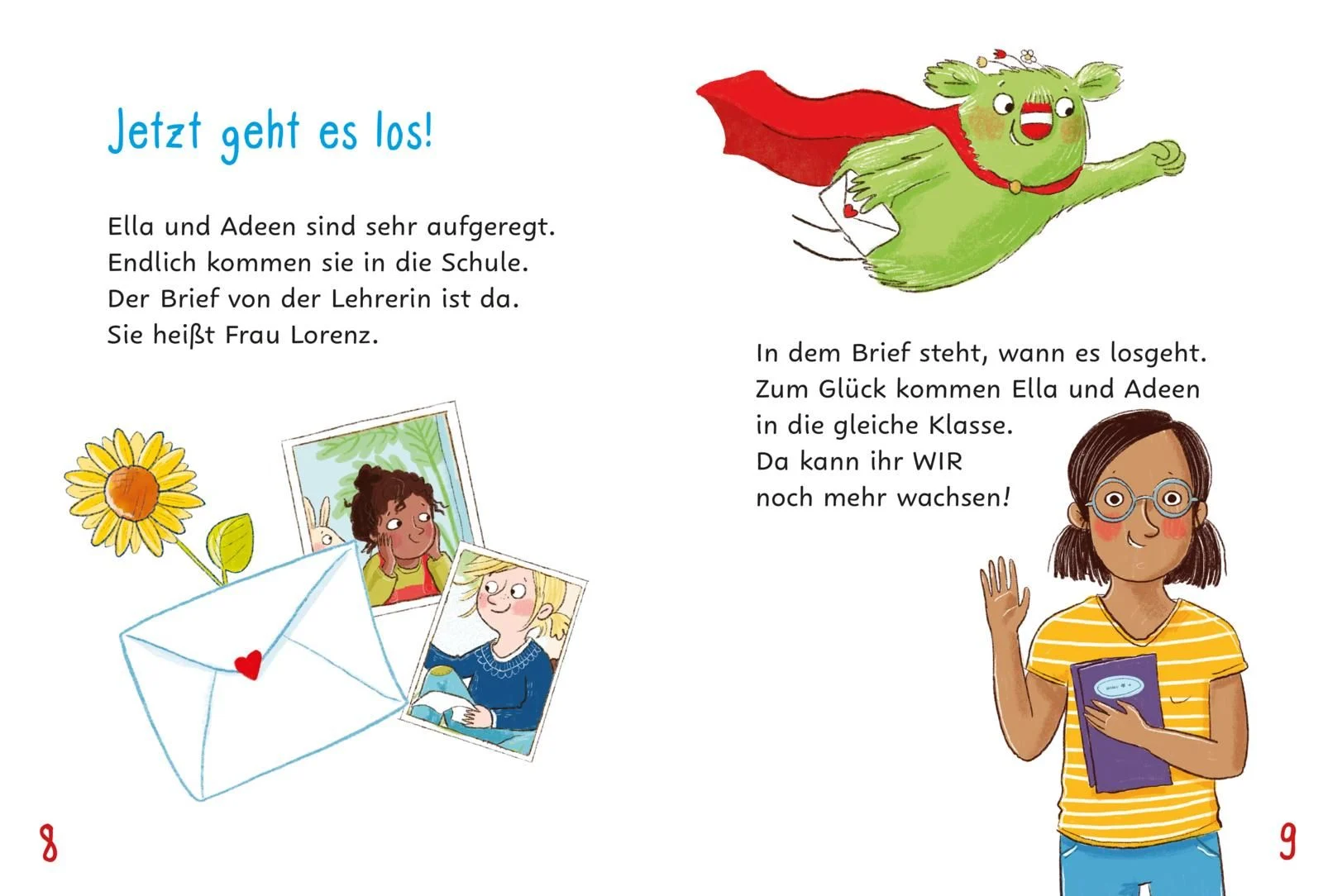 WIR alle in unserer Klasse - Los geht es in die Schule: Auf der einen Seite ist ein Brief zu sehen und auf der anderen Seite eine Frau, die winkt.