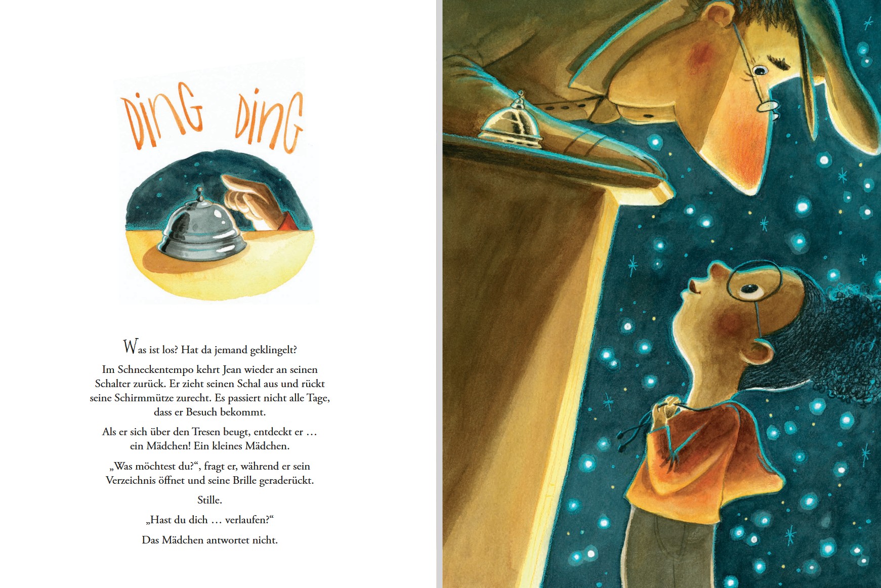 Der Hüter des Mondes - Besuch auf dem Mond: Zu sehen sind zum einem eine Hand, die eine Klingel betätigt und auf der anderen Seite ein Mann und ein Kind, die sich einander ins Gesicht schauen.