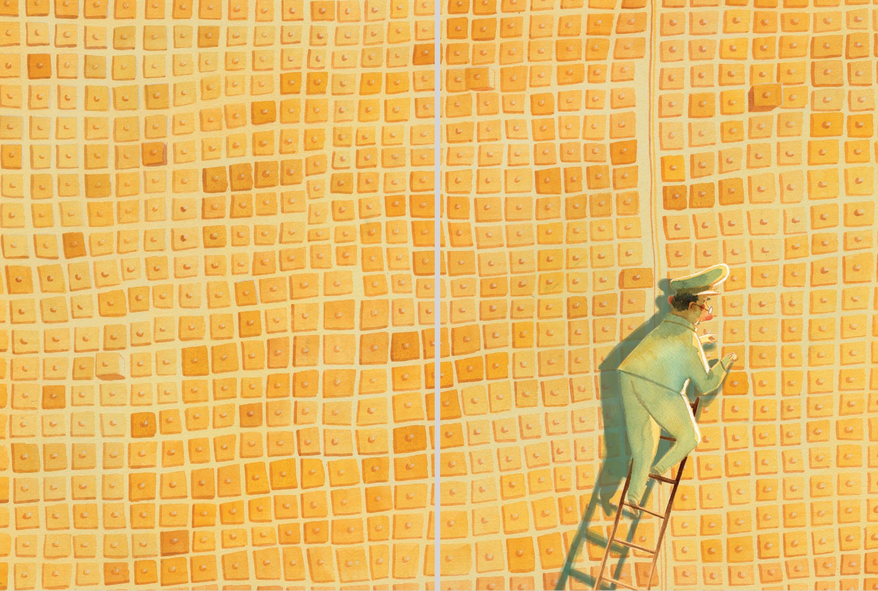 Der Hüter des Mondes - Die Lagerhalle: Abgebildet ist ein Mann, der auf einer Leiter vor einer unendlich großen Wand mit vielen Fächern steht.