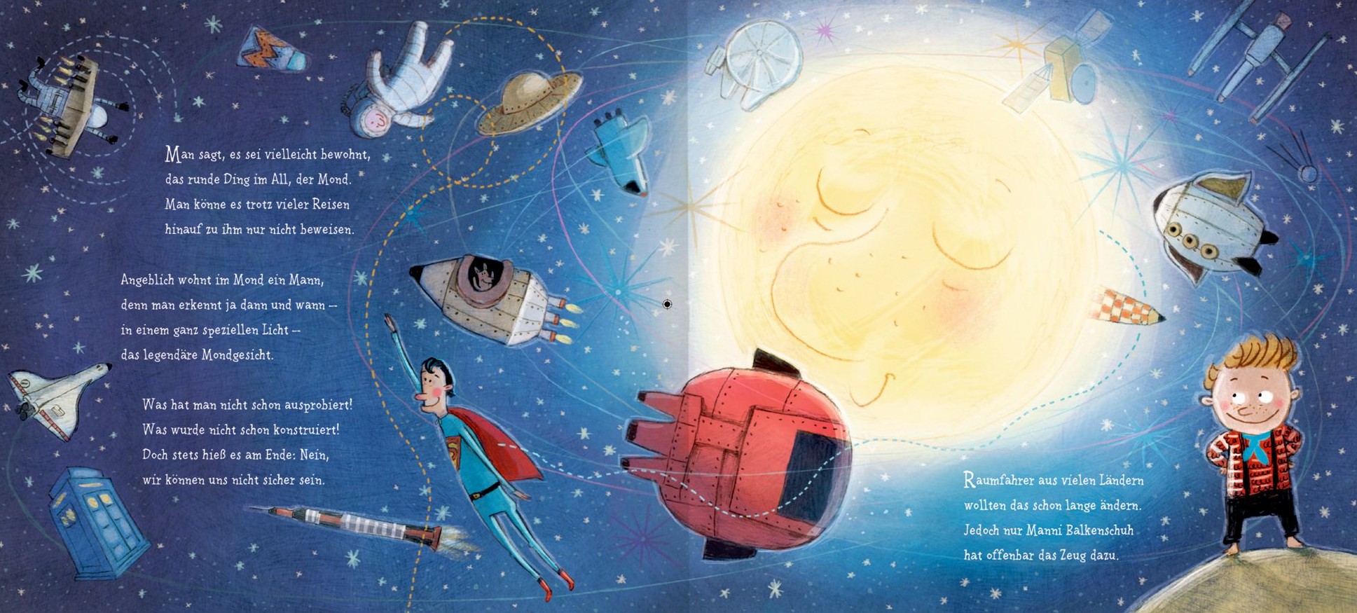 Der Manni im Mond - Das runde Ding im All: Abgebildet ist der runde, gelbe Mond im dunkelblauen Nachthimmel und um ihn herum lauter Raketen und Raumschiffe.