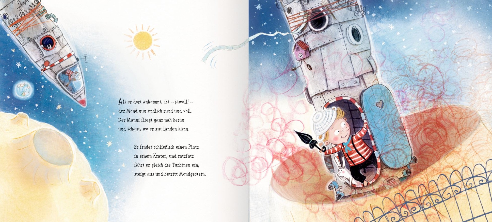 Der Manni im Mond - Landung auf der Mondoberfläche: Dargestellt ist, wie eine selbstgebaute Rakete in einem Krater auf dem Mond landet.