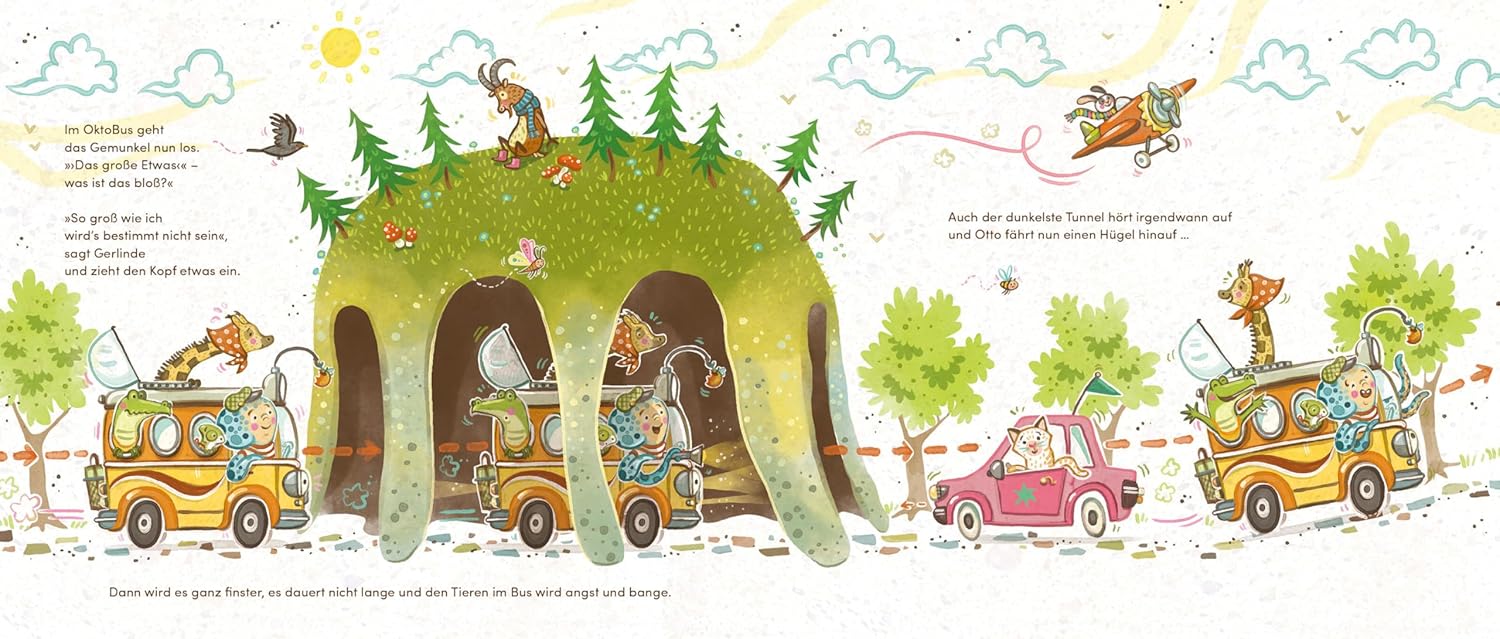 Der OktoBus auf großer Fahrt - Durch den Tunnel: Abgebildet sind verschiedene Fahtzeuge mit Tieren, die durch einen Tunnel fahren.
