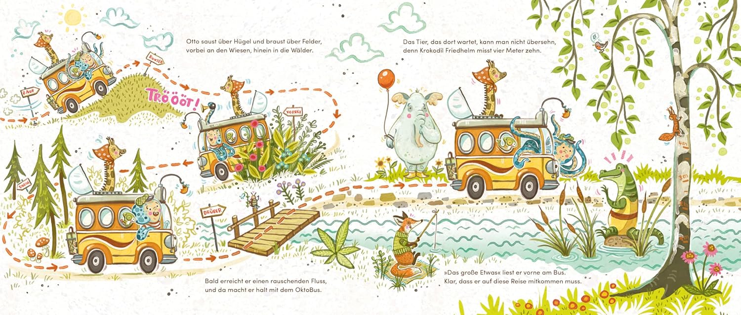 Der OktoBus auf großer Fahrt - Halt am Fluss: Dargestellt ist ein gelber Bus, in dem verschiedene Tiere unterwegs sind und an einem Fluss anhalten.