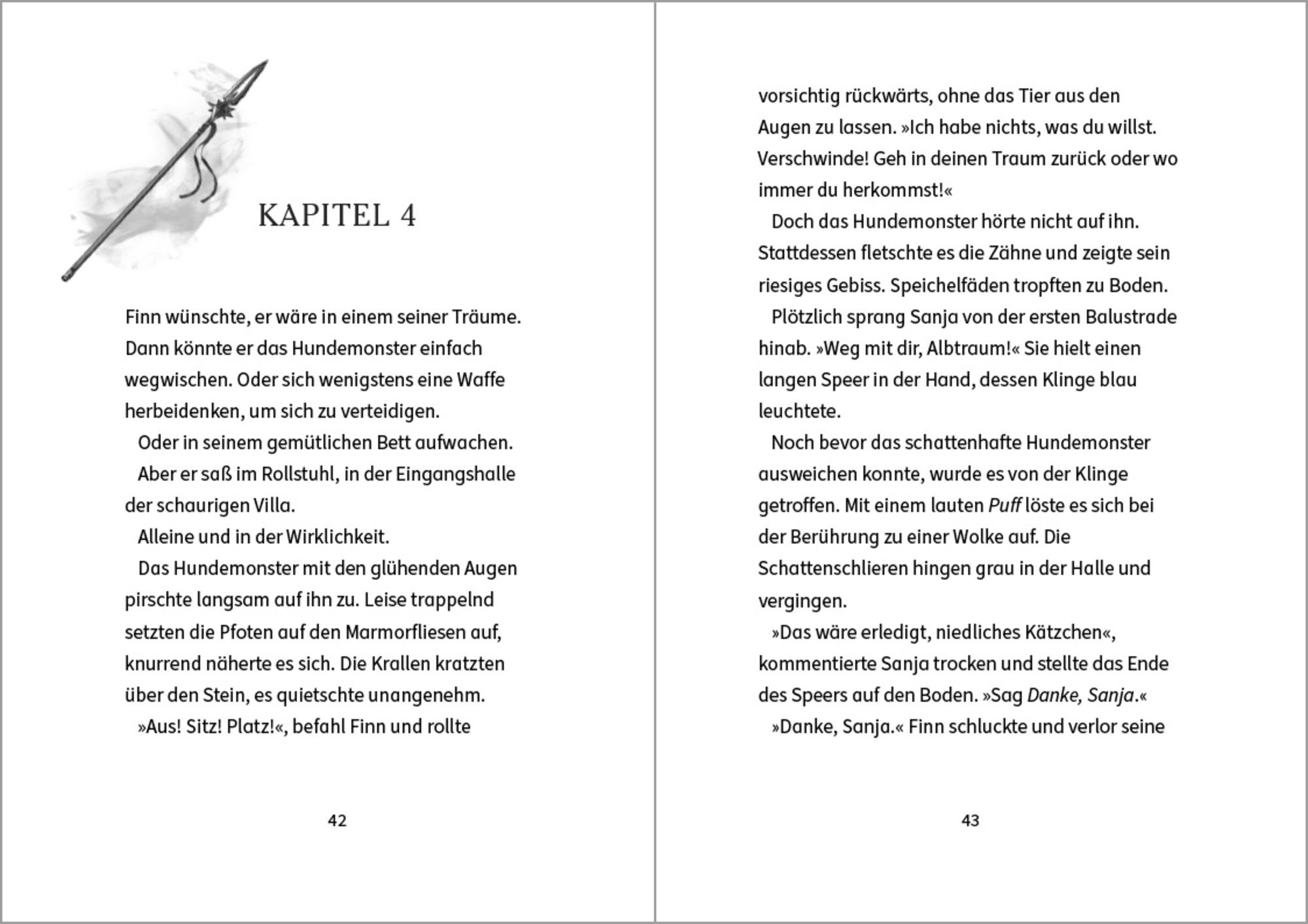 Die Traumgänger - Aufbruch nach Deseo: Abgebildt ist neben der Kapitelüberschift in einer Vignette ein Speer sowie zwei Seiten des Text.