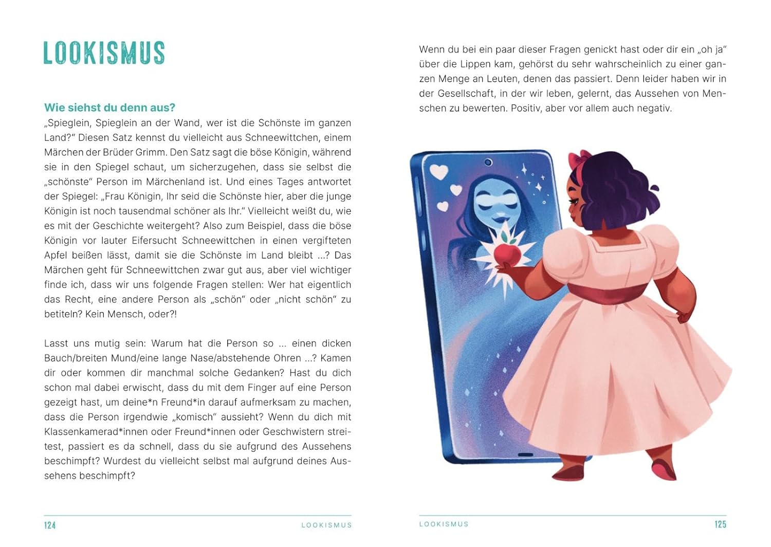 Diskriminierung geht uns alle an - Lookismus: Abgebildet sind ein Kind und ein Handy, dass wie ein Spiegel dargestellt ist.