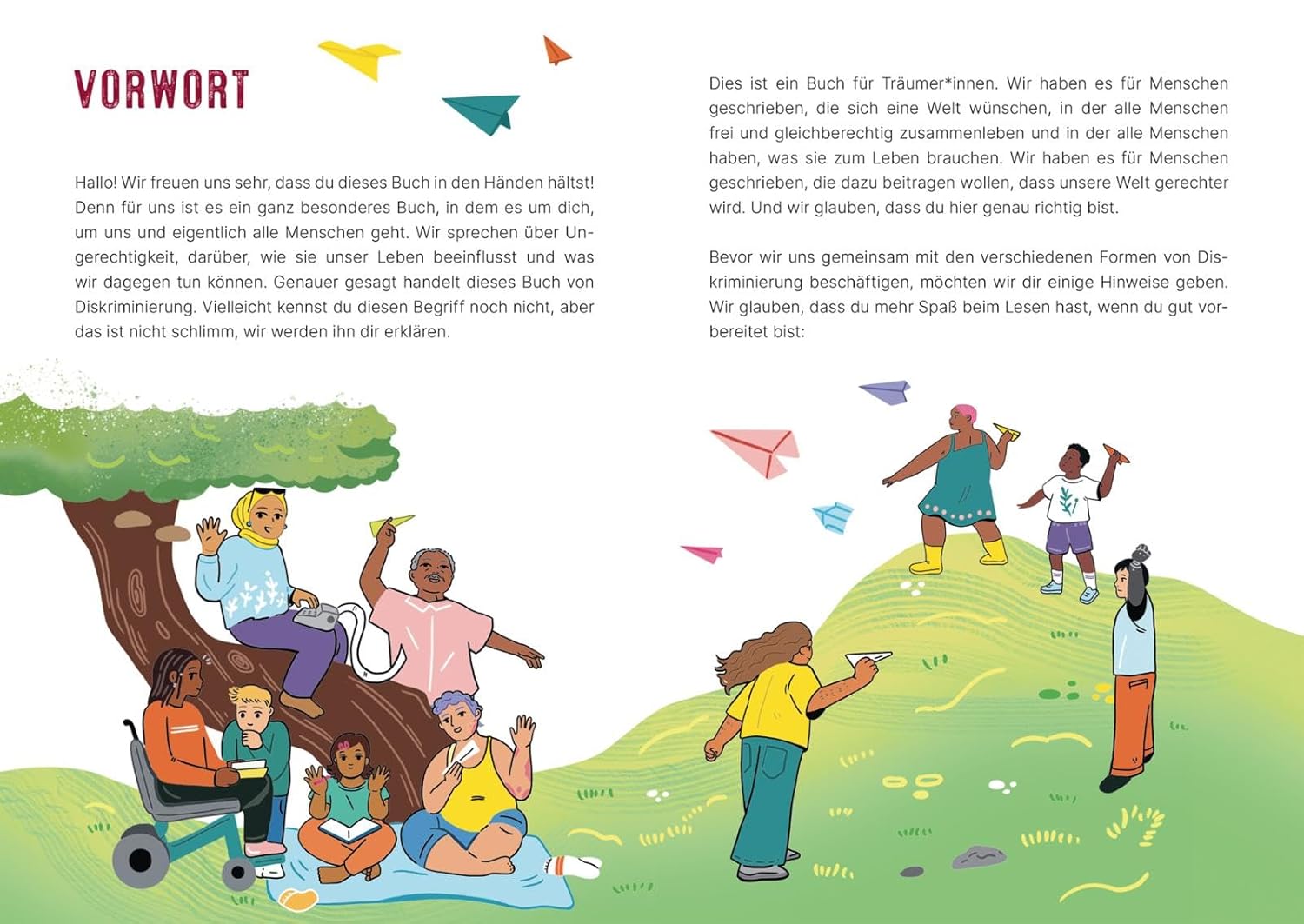 Diskriminierung geht uns alle an - Vorwort: Dargestellt ist eine Wiese, ein Baum und ein Hügel und viele verschiedene Menschen.