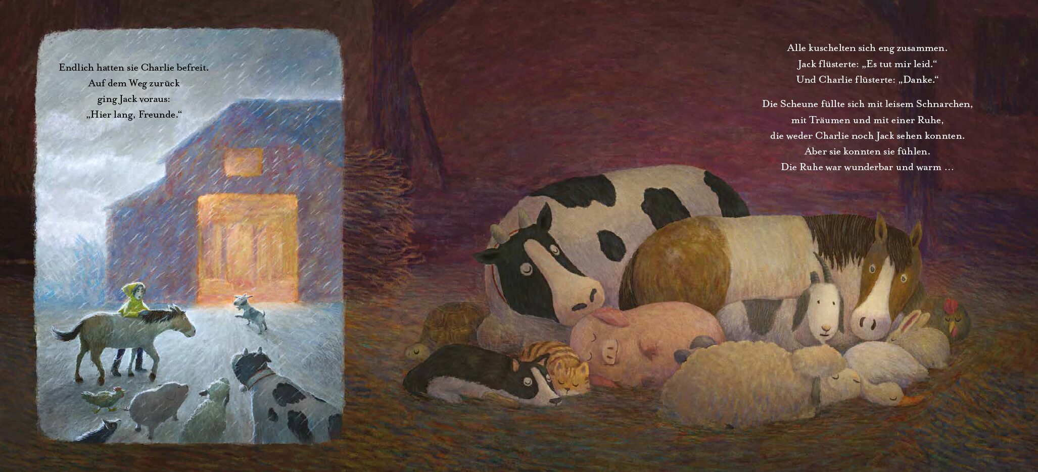 Hier lang, Charlie - Im Stall mit den anderen Tieren: Zu sehen ist ein Raum in einem Stall, in dem verschiedene Tiere im Heu eng zusammengekuschelt liegen.