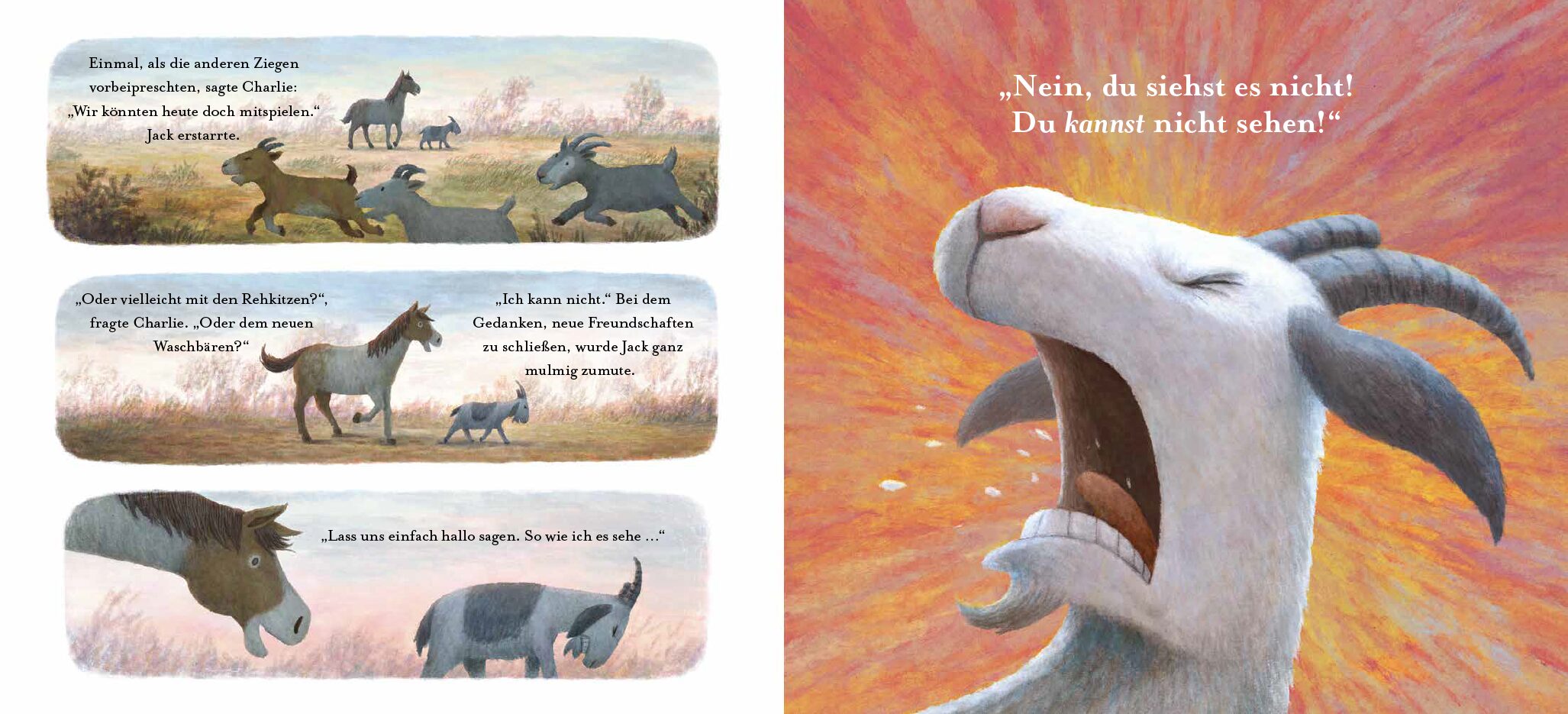 Hier lang, Charlie - Ziegenbock Jack ist wütend: Dargestelt sind auf den Bildern Ziegen und ein Pferd.