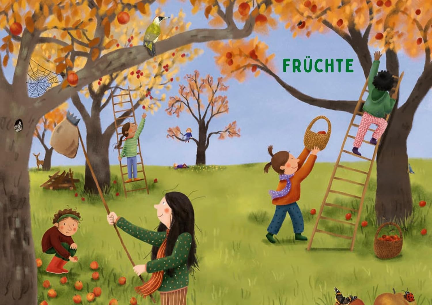 Hörst du's rascheln? Der Herbst ist da! - Obstbaumernte: Dargestellt sind Kinder auf einer Wiese mit vielen Bäumen, die Äpfel ernten.
