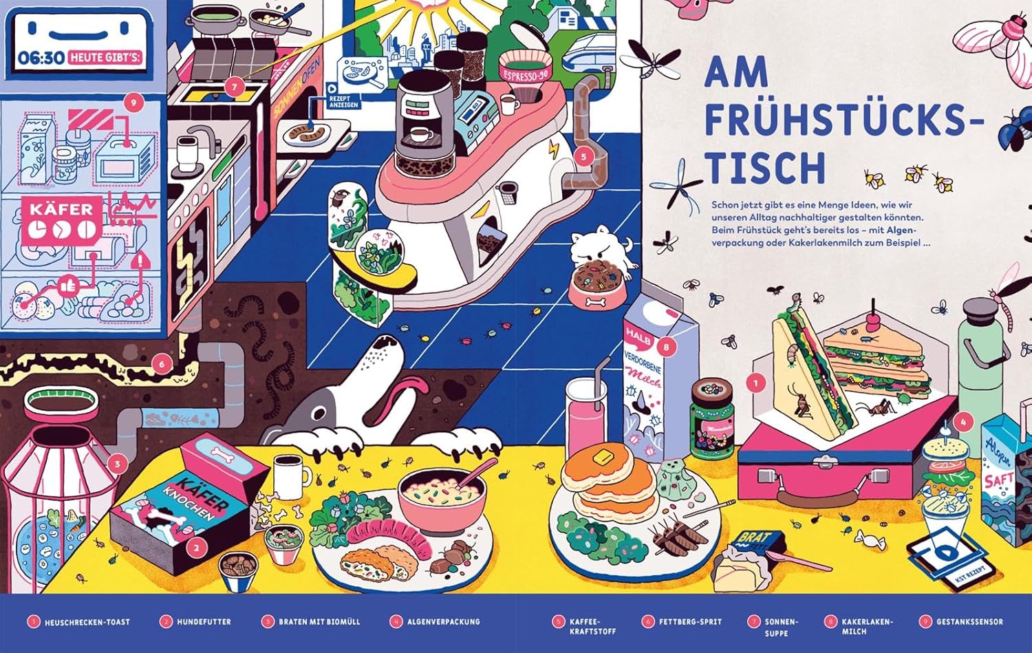 Käfer zum Frühstück? - Am Frühstückstisch: Dargestellt ist eine Küche und im Vordergrund steht ein Tisch mit Geschirr und Essen darauf.