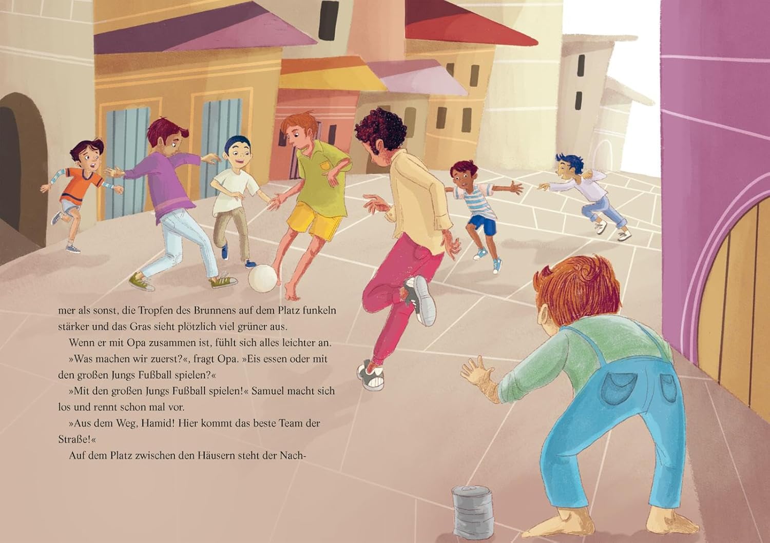 Kinder von fern - Fußballspiel auf der Straße: Dargestellt sind Personen, die auf einer Straße zwischen Häusern Fußball spielen.