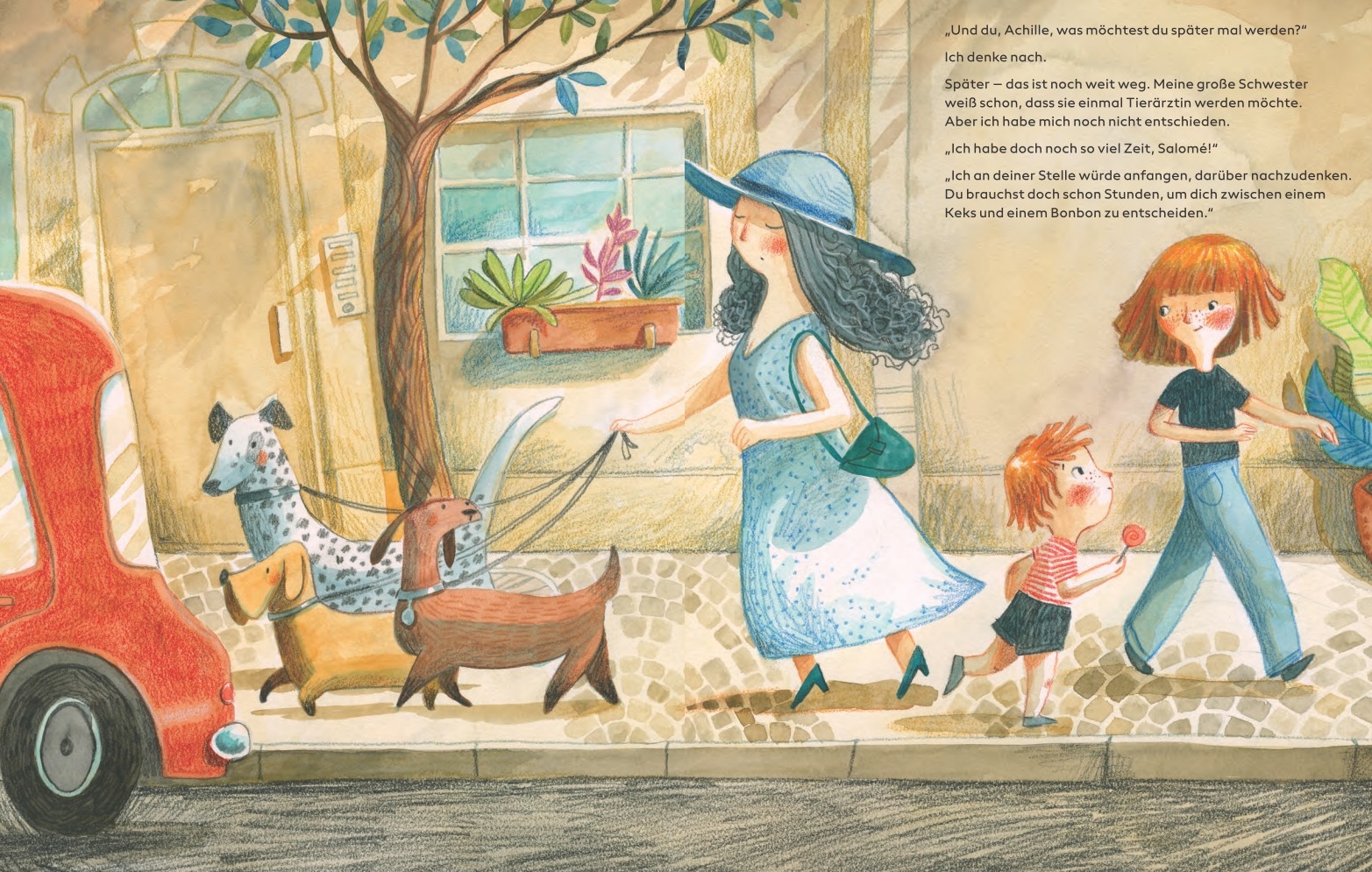 Und das gibt's noch nicht? - Achille und Salome unterwegs: Dargestellt sind zwei Kinder auf einem Bürgersteig sowie eine Frau mit mehreren Hunden an einer Leine.