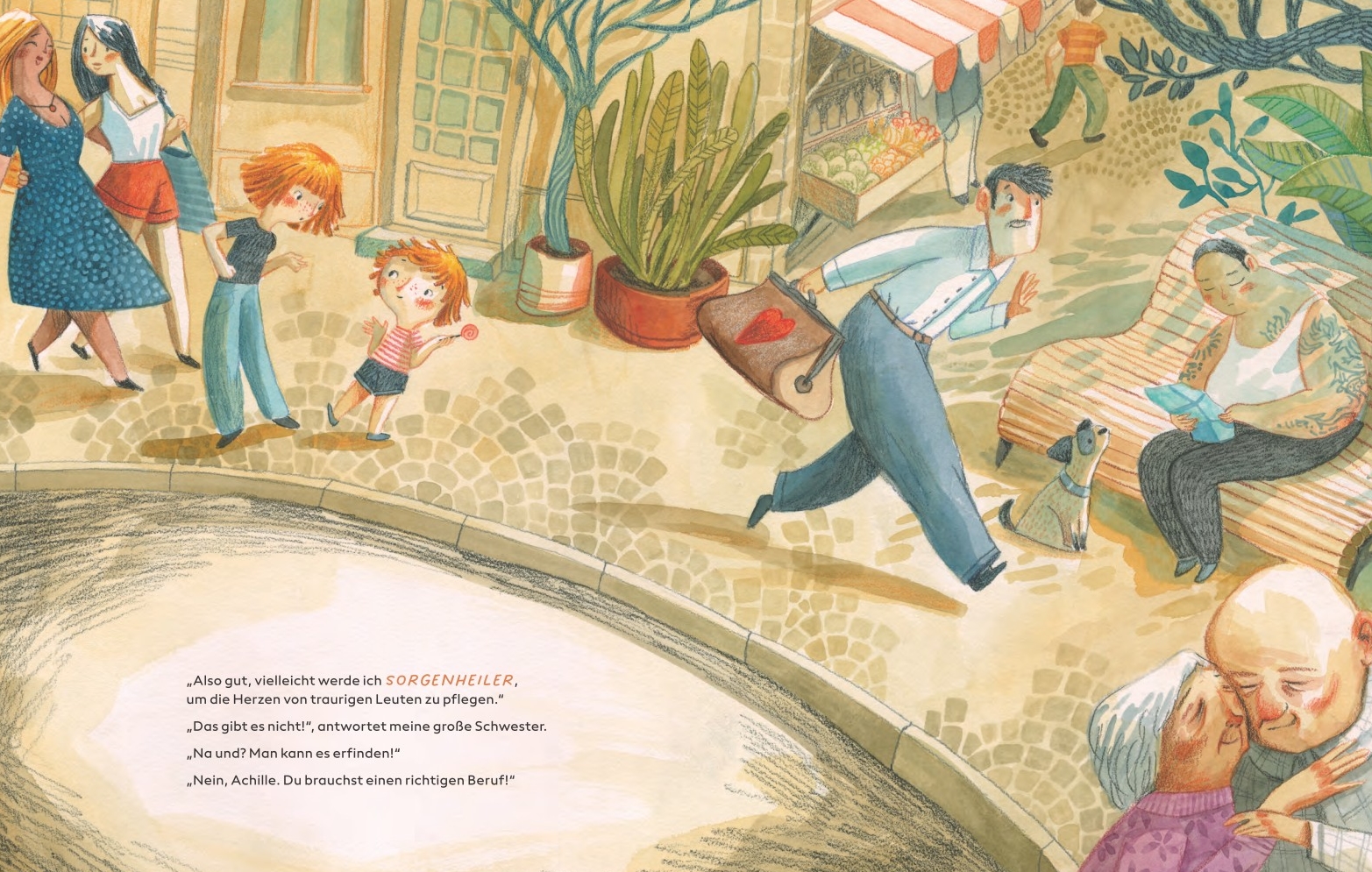 Und das gibt's noch nicht? - Sorgen heilen und Herzen pflegen: Zu sehen sind zwei Kinder, die an einer Straße lang laufen und um sei herum sind viele Menschen unterwegs.