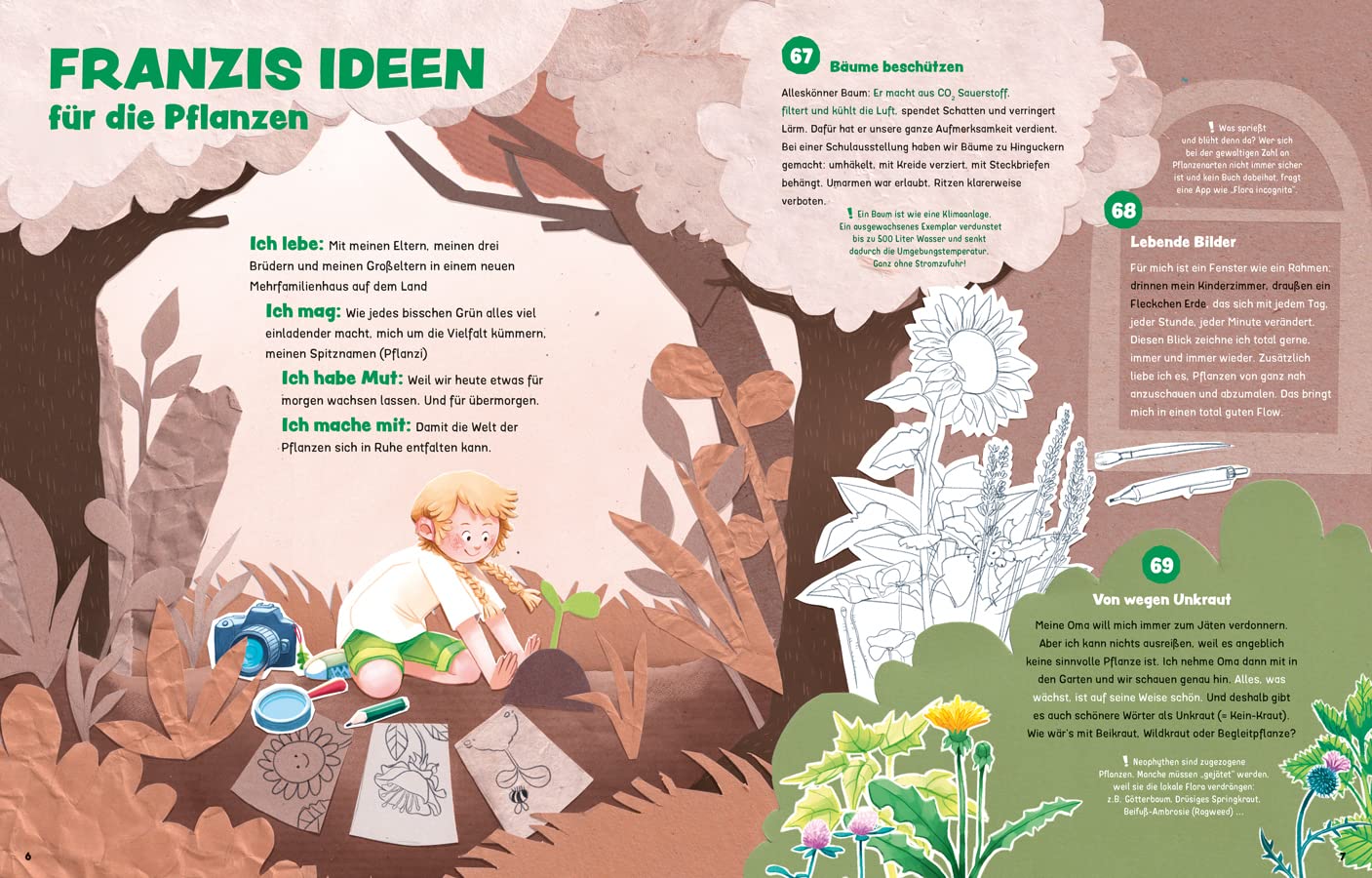 Unsere wunderbare Werkstatt der Zukünfte - Franzis Ideen für Pflanzen: Abgebildet ist ein Kind zwischen zwei Bäumen.