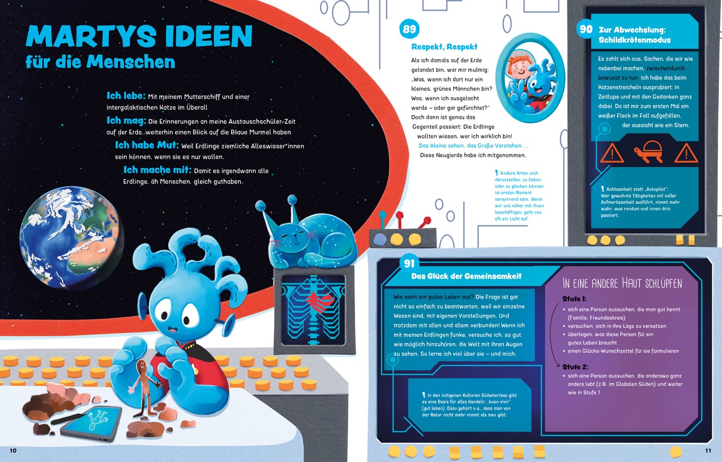 Unsere wunderbare Werkstatt der Zukünfte - Martys Ideen für die Menschen: Dargestellt ist ein blaues, außerirdisches Wesen in einem Raumschiff.