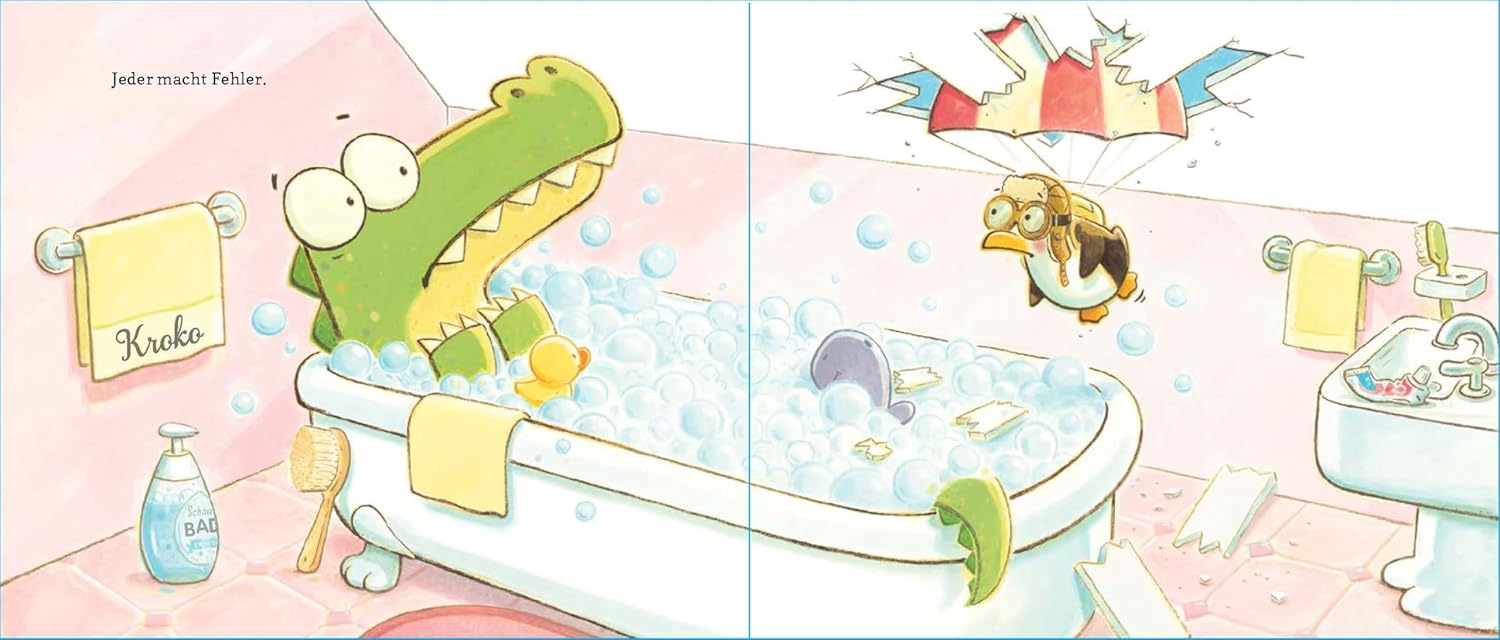 Uppppps! Entschuldigung! - Jeder macht Fehler: Zu sehen ist, wie ein Pinguin mit Fallschirm in das Badezimmer eines Krokodils fliegt.