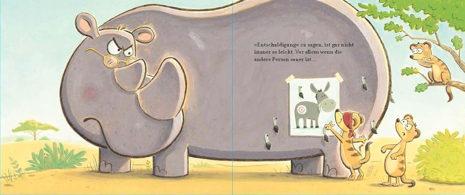 Uppppps! Entschuldigung! - Sich entschuldigen ist gar nicht leicht: Dargestellt sind Erdmännchen, die an einem Nashorn ein Spiel spielen.