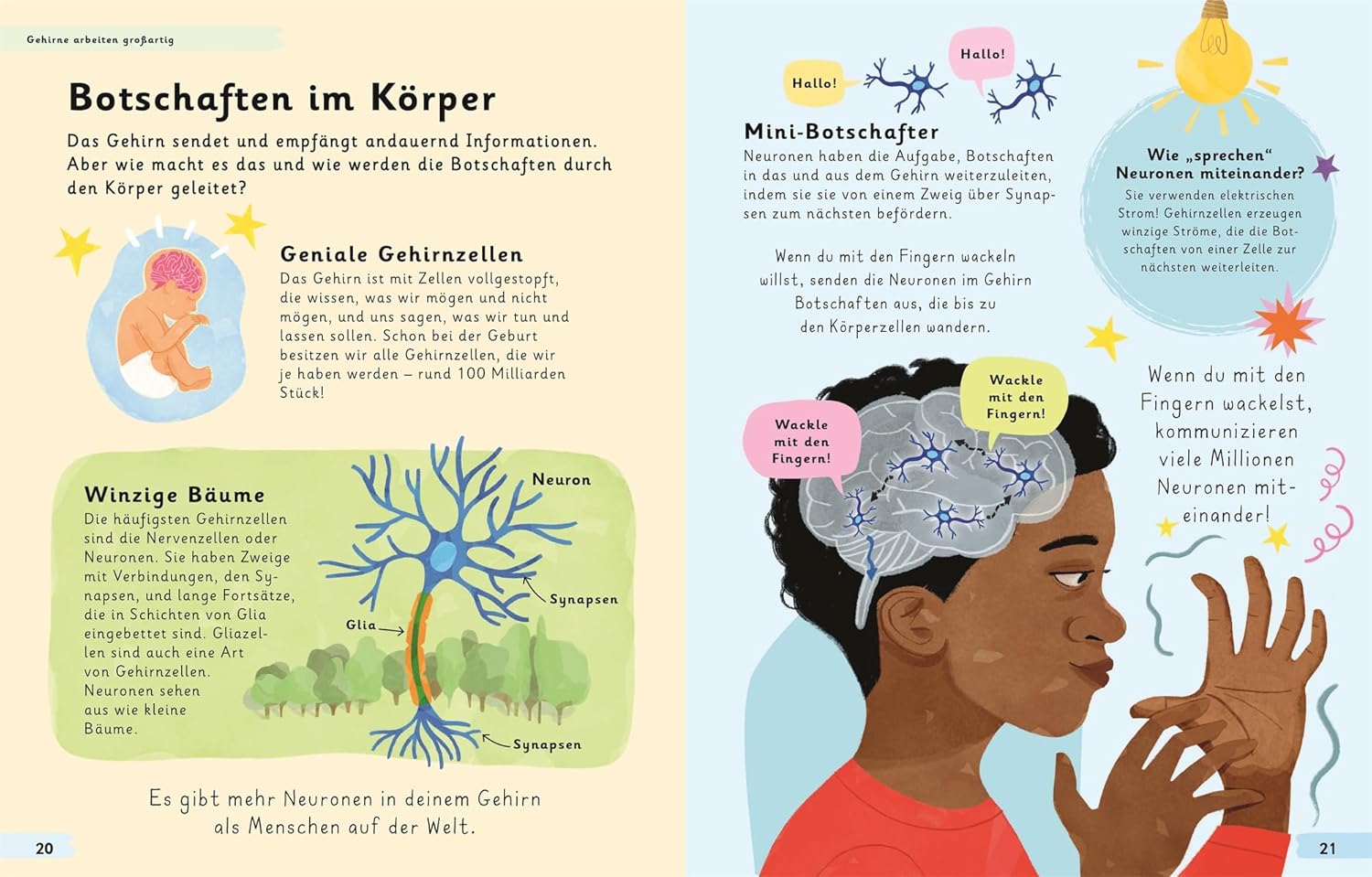 Wundervoll anders - Botschaften im Körper: Dargestellt sind Abbildung von Nervenzellen im Gehirn und der Kopf eines Kindes.