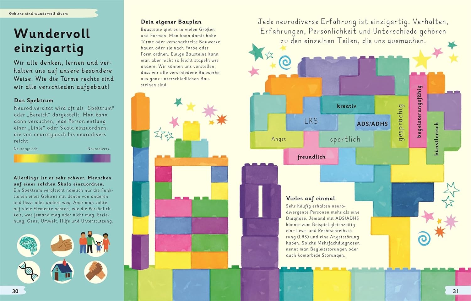 Wundervoll anders - Wundervoll einzigartig: Zu sehen auf dem Bild sind Türme und Bauwerke aus bunten Steckbausteinen.