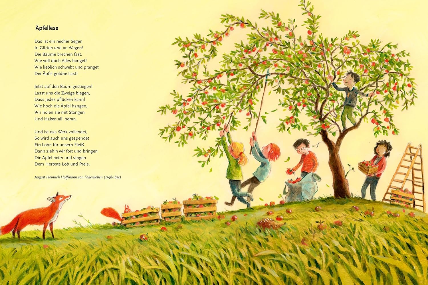 Blätter fallen – Die schönsten Herbstgedichte - Äpfellese: Dargestellt ist ein Apfelbaum mit vielen reifen Äpfeln und Kinder darunter, die die Äpfel ernten.