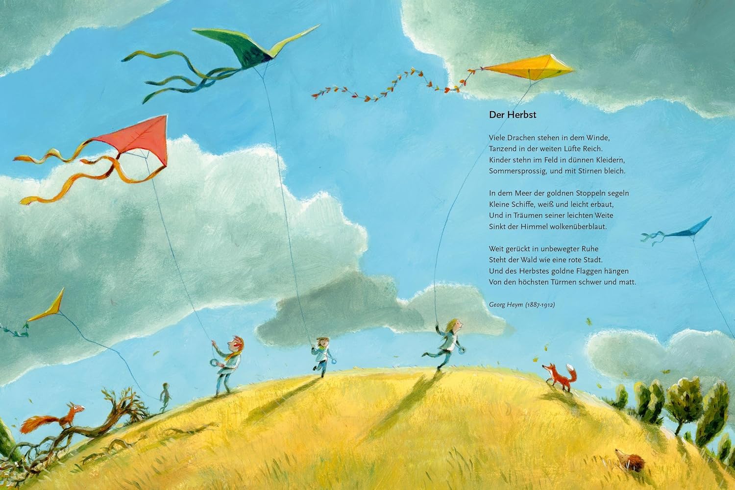 Blätter fallen – Die schönsten Herbstgedichte - Der Herbst: Zu sehen auf dem Bild sind viele Menschen, die im Wind Drachen steigen und fliegen lassen.