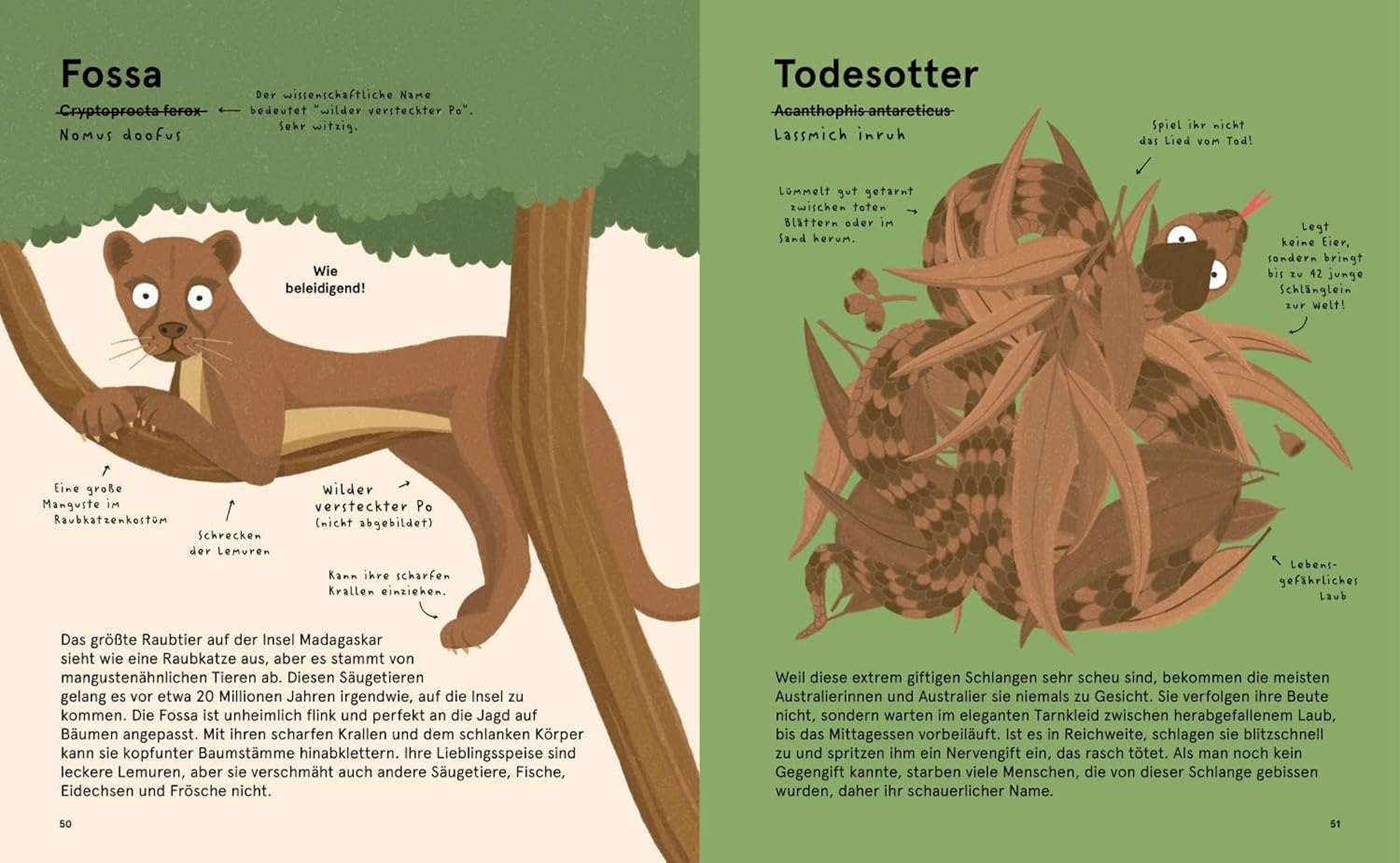 Das Lexikon gruseliger Tiere - Fossa und Todesotter: Abgebildet sind zwei Tiere sowie Text mit Informationen zu diesen.