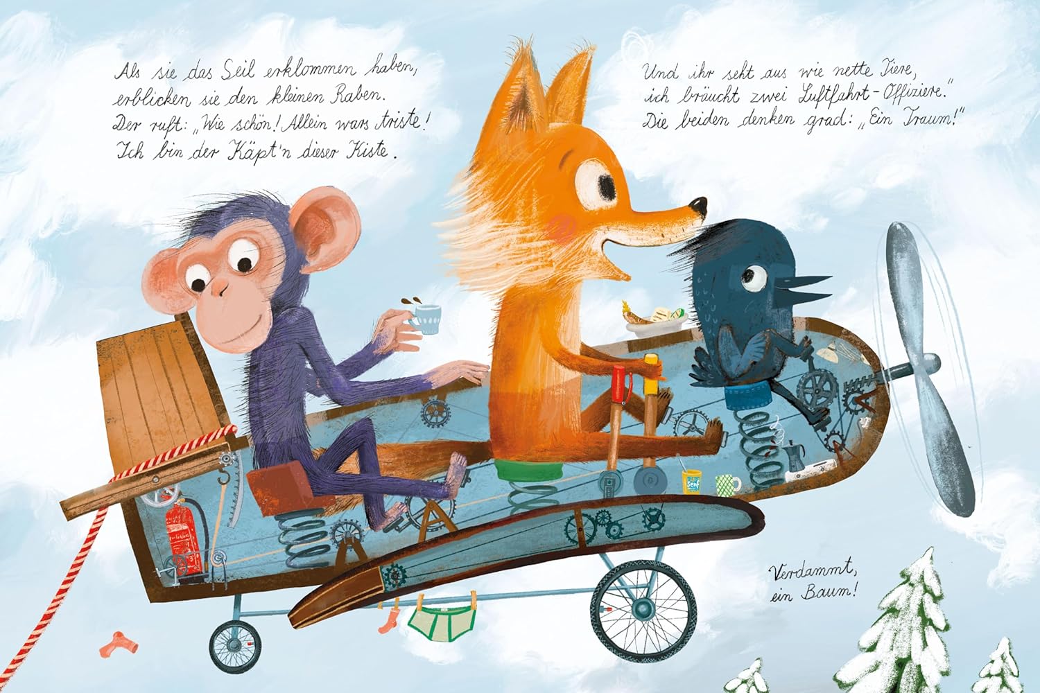 Der Fuchs geht auf die Reise - Hoch über den Himmel fliegen: Abgebildet sind ein Fuchs, ein Affe und ein Vogel, die in einem Flugzeug sitzen.
