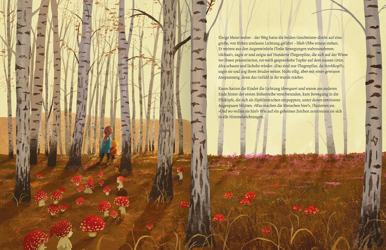 Der Schrat - Auf der Lichtung: Abgebildet sind zwei Kinder, die durch ein kleines Birkenwäldchen zu einer Waldlichtung laufen.