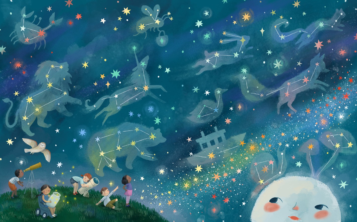 Die Wunder um uns herum - Sternenbilder am Nachthimmel: Dargestellt sind Kinder auf einer Wiese, die in den Nachthimmel blicken, an dem Sternenbilder aufleuchten.