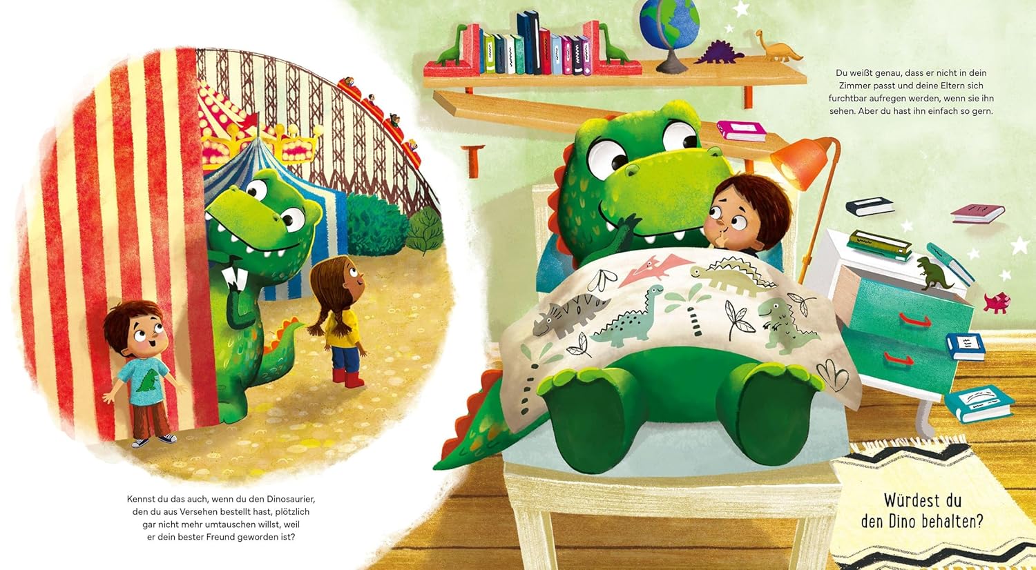 Dino-Post ist da! - Aus Versehen bestellt: Dargestellt sind ein Dinosaurier und ein Kind, die zusammen in einem Bett liegen und kuscheln.