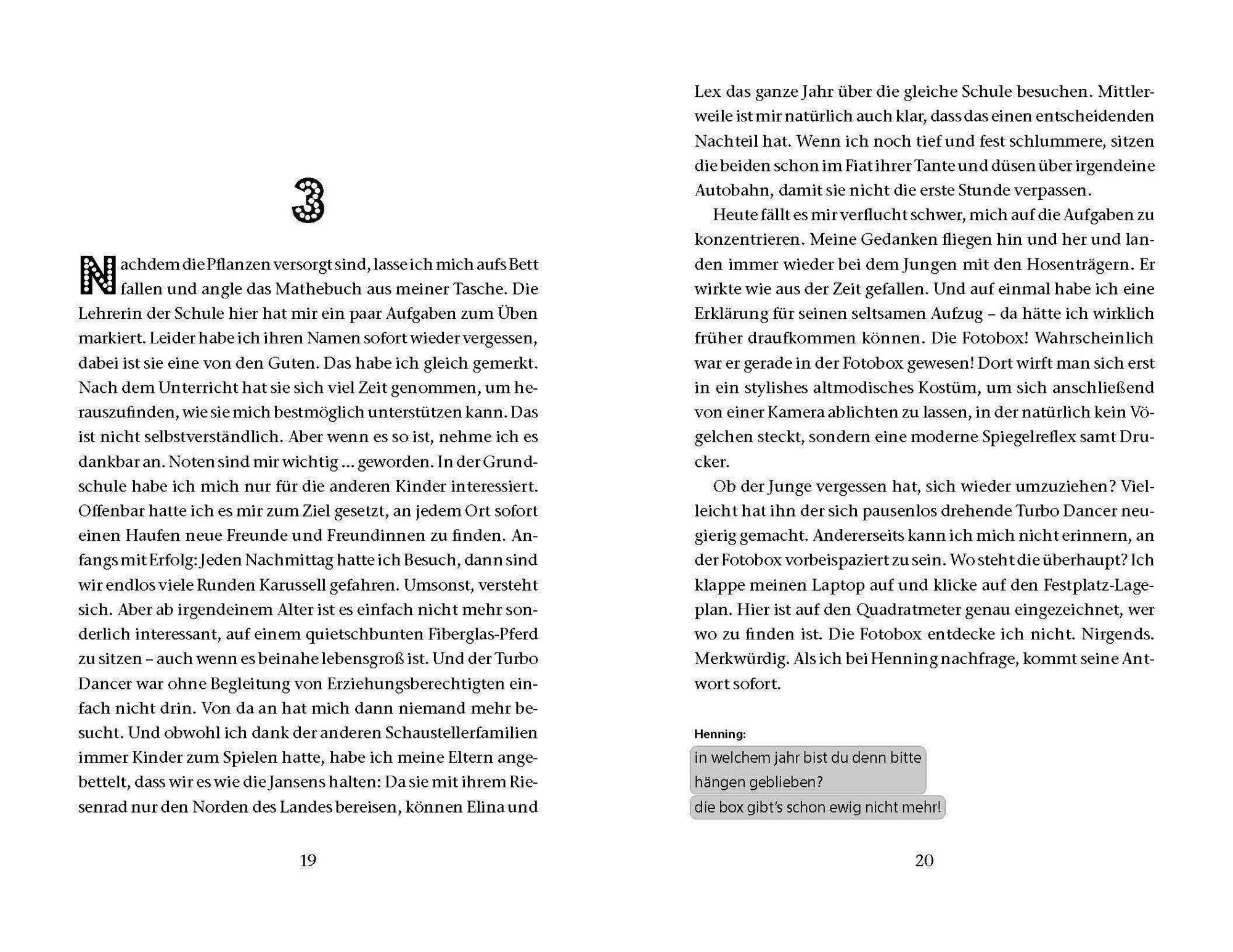 Jahrmarkt der Zeitreisenden - Kapitel 3: Abgebildet sind 2 Seiten Text vom 3. Kapitel des Buches.