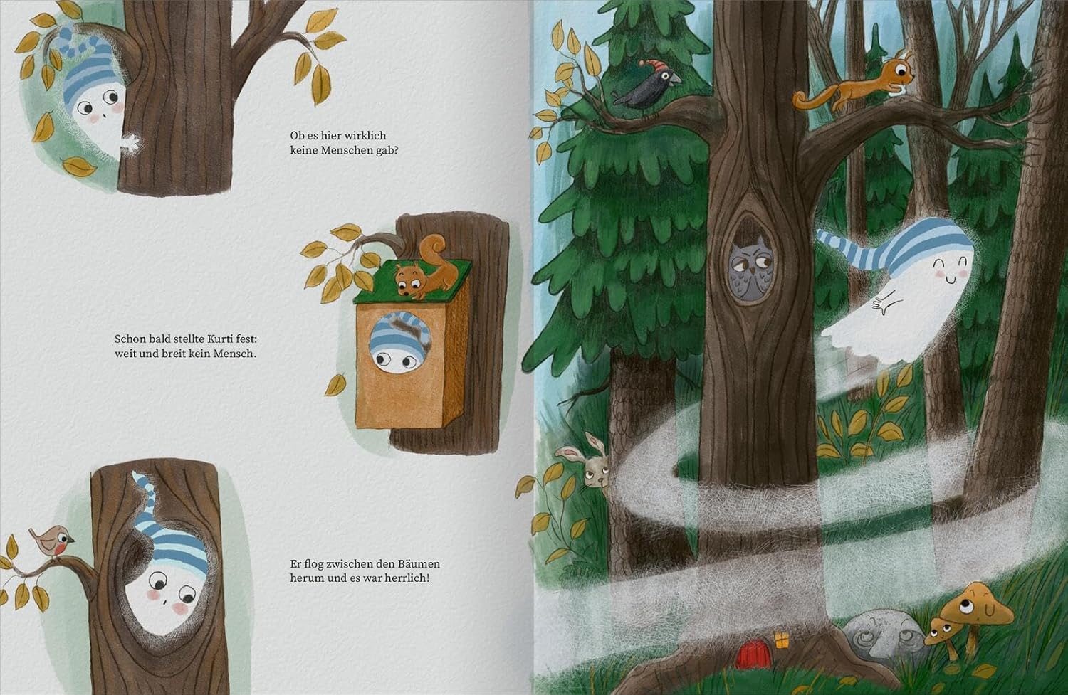 KURTI – Das Schlossgespenst - Unterwegs im Wald: Dargestellt ist ein weißer Geist mit Zipfelmütze, der durch die Bäume eines Waldes fliegt.