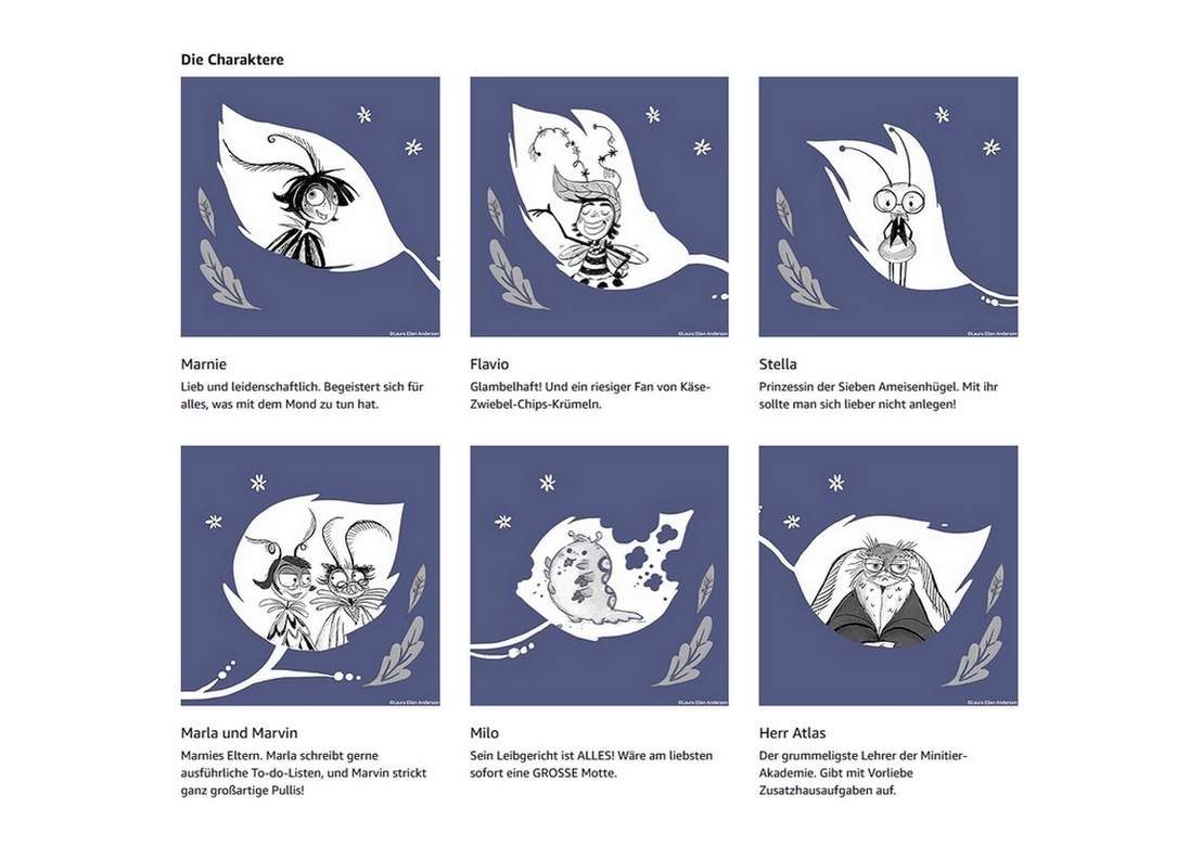 Marnie Mitternacht - Vorstellung der Charaktere: Vorgestellt werden in Bild und Worten verschiedene Insekten, die in dem Buch eine Rolle spielen.