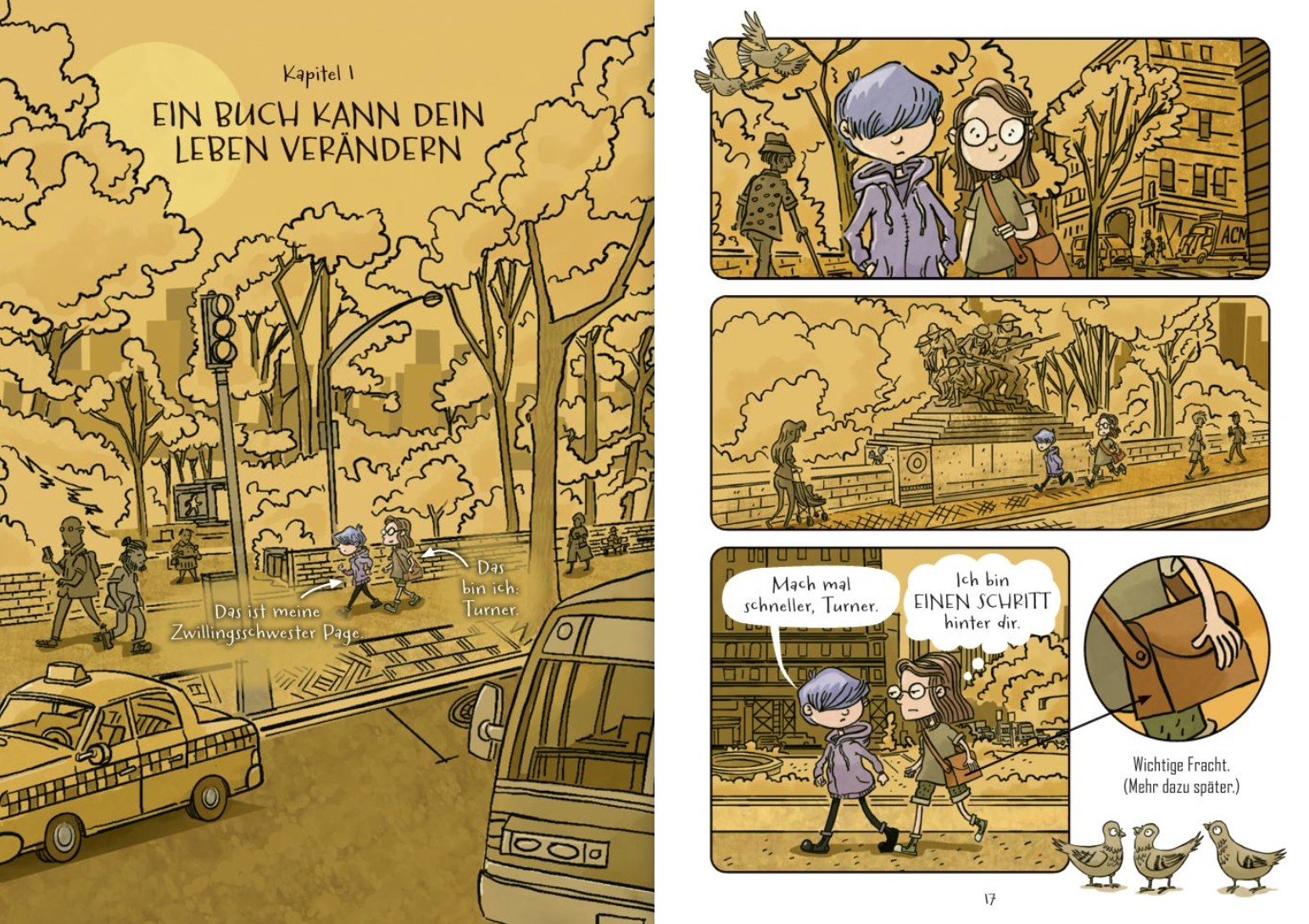 Nachts in der Bibliothek- Ein Buch kann dein Leben verändern: Zu sehen sind zwei Kinder, die durch die Straßen einer Stadt laufen.