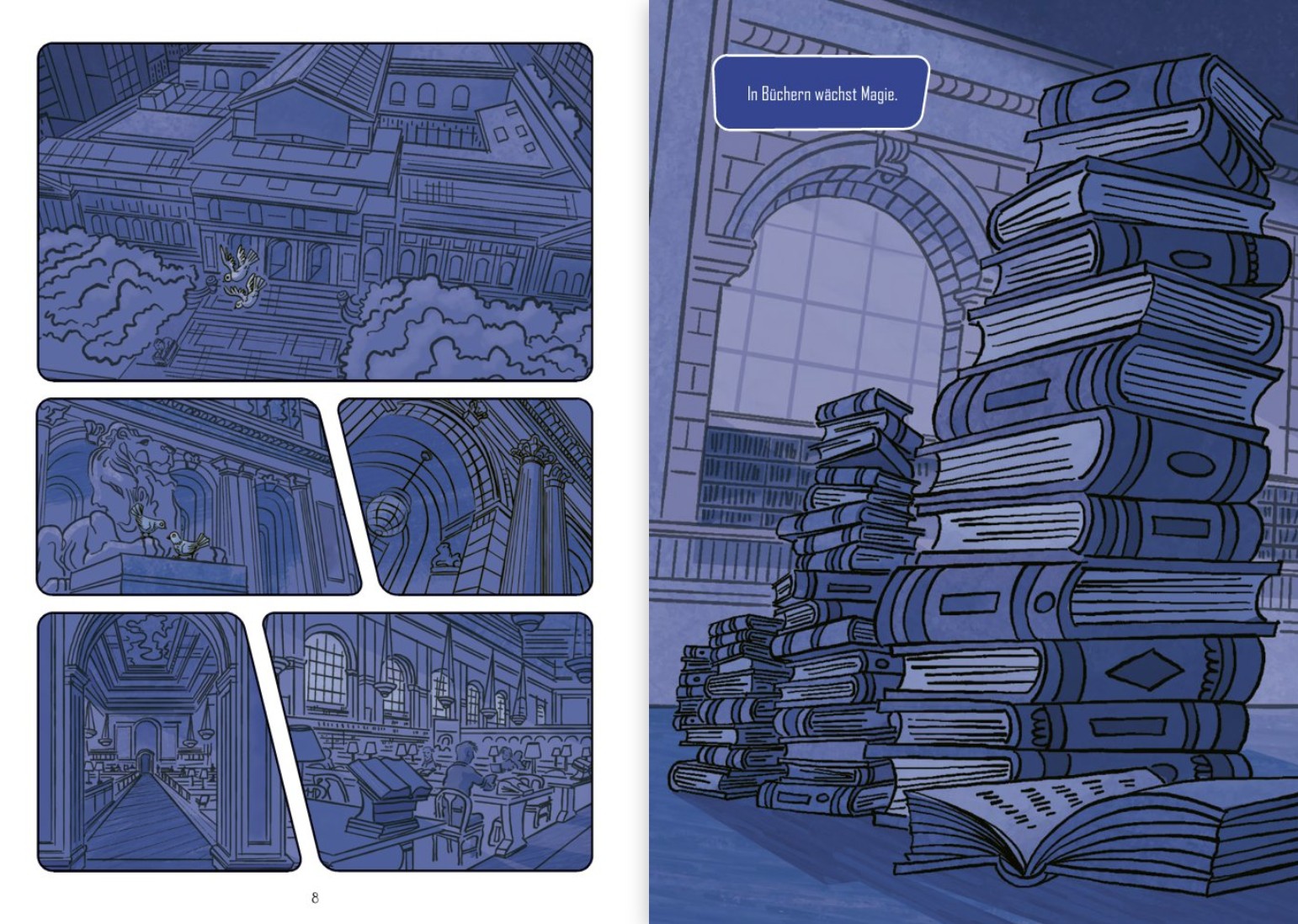 Nachts in der Bibliothek- In Büchern wächst Magie: Dargestellt sind Regale in einer Bibliothek und viele Bücher.