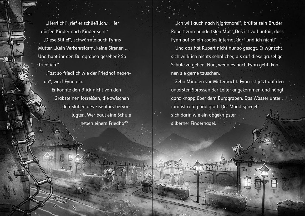 Nightmore – Das gruseligste Internat der Welt - Eine Schule neben dem Friedhof: Dargestellt ist eine nächtliche Szene mit einem Friedhof und ein Junge, der sich an einem Turm abseilt.