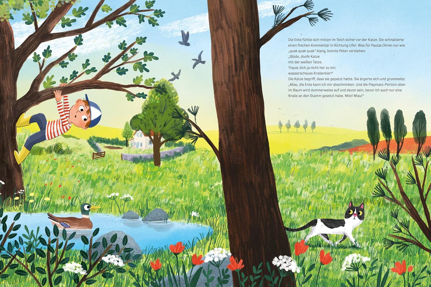 Peter, Paula und der Wolf - Peter am Teich mit der Ente und der Katze: Abgebildet ist ein Baum, in dem ein Junge in den Ästen klettert. Der Baum steht an einem Teich, in dem eine Ente schwimmt.