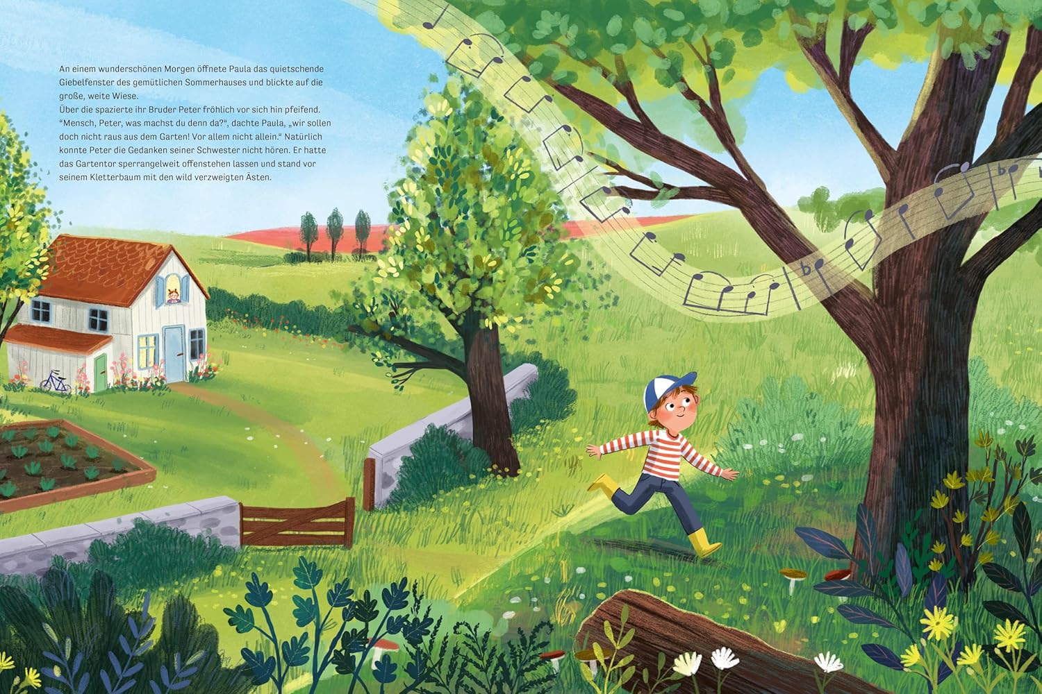 Peter, Paula und der Wolf - Peter läuft hinaus in den Wald: Dargestellt ist eine Haus, aus dem ein Mädchen aus einem Fenster guckt und davor eine Wiese, über die ein Junge läuft.