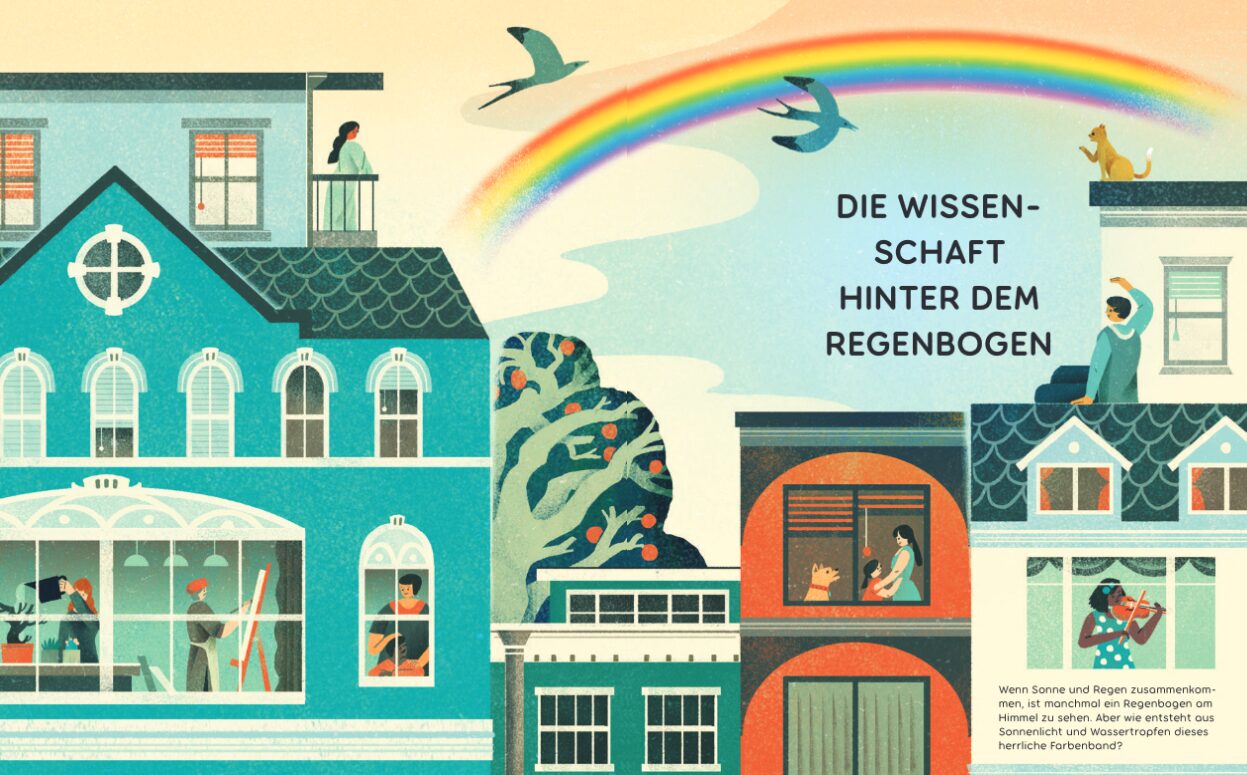 Regenbogen - Die Wissenschaft hinter dem Regenbogen: Abgebildet ist, wie sich ein Regenbogen über die Dächer einer Stadt spannt.