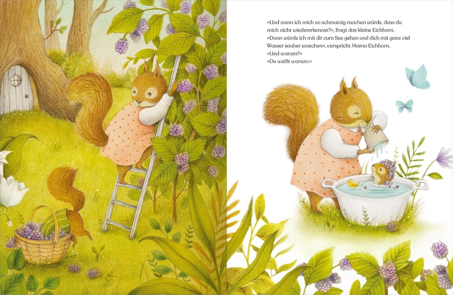 Weil ich dich so lieb habe - Ein Bad im Garten: Dargestellt sind zwei Eichhörnchen, die nach dem Beerenpflücken ein Bad in einer Badewanne nehmen.