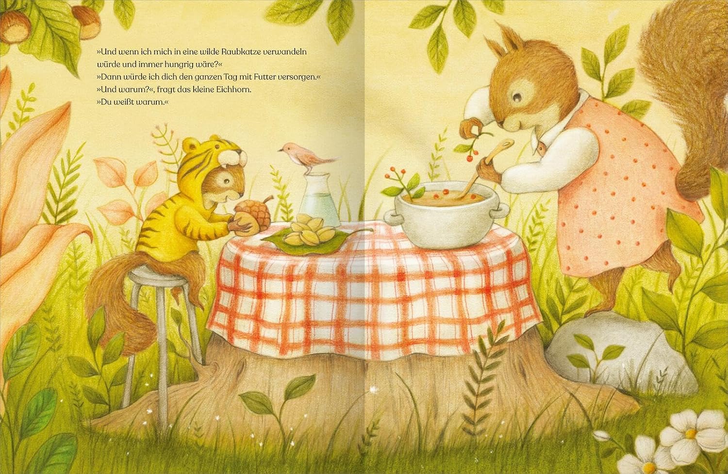 Weil ich dich so lieb habe - Essen mit Mama: Zu sehen auf dem Bild sind zwei Eichhörnchen an einem gedeckten Tisch auf einer Waldlichtung.