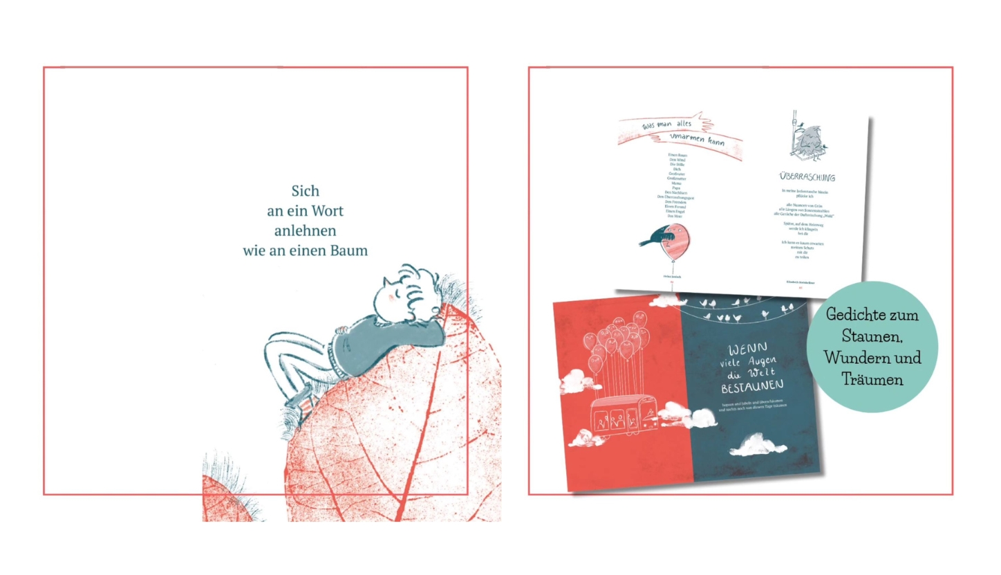 Wenn Gedanken fliegen - Gedichte zum Staunen: Abgebildet sind in einer Colagge Innenseiten des Buches sowie ein Gedicht.