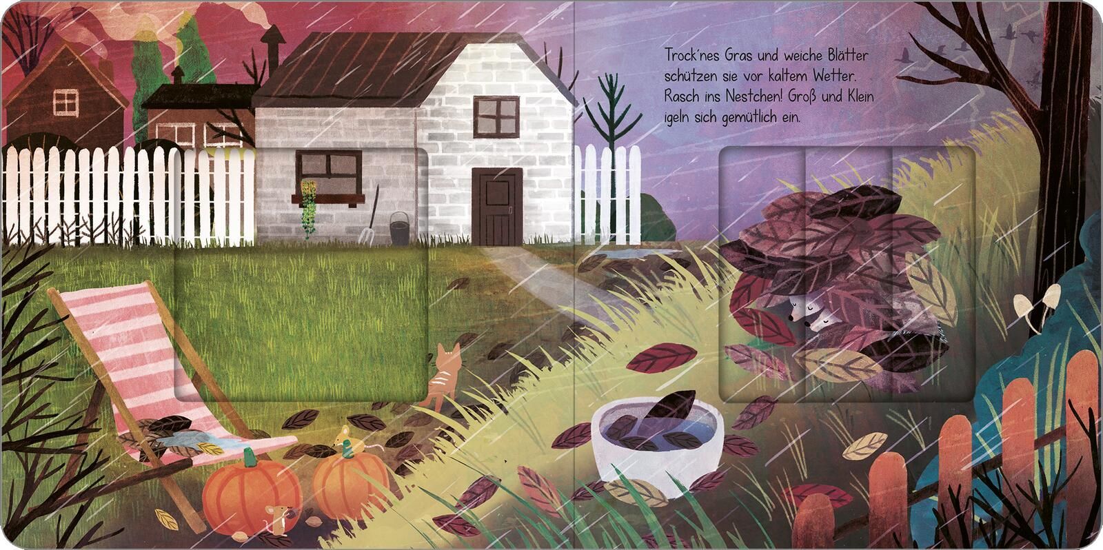 Wenn im Herbst die Blätter fallen - Blätterhaufen: Abgebildet ist ein Garten, in dem zwei Igel in einem Laubhaufen sitzen.