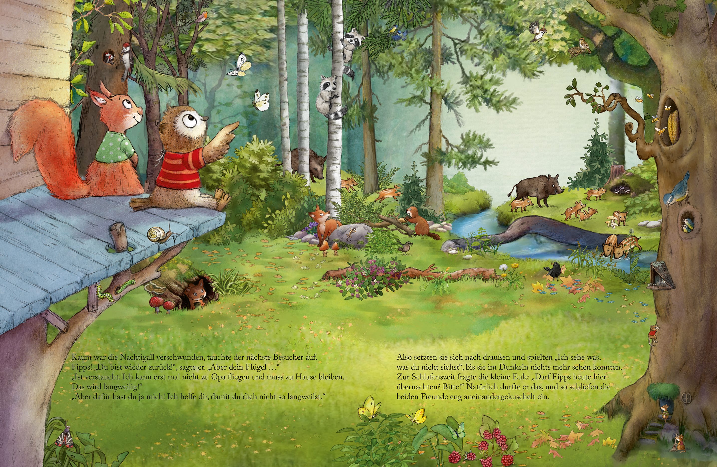 Der Gute-Nacht-Geschichtenbaum - Eule und Eichhörnchen: Dargestellt sind ein Eichhörnchen und eine Eule, die auf einem Baum sitzen und in den Wald hineinblicken.