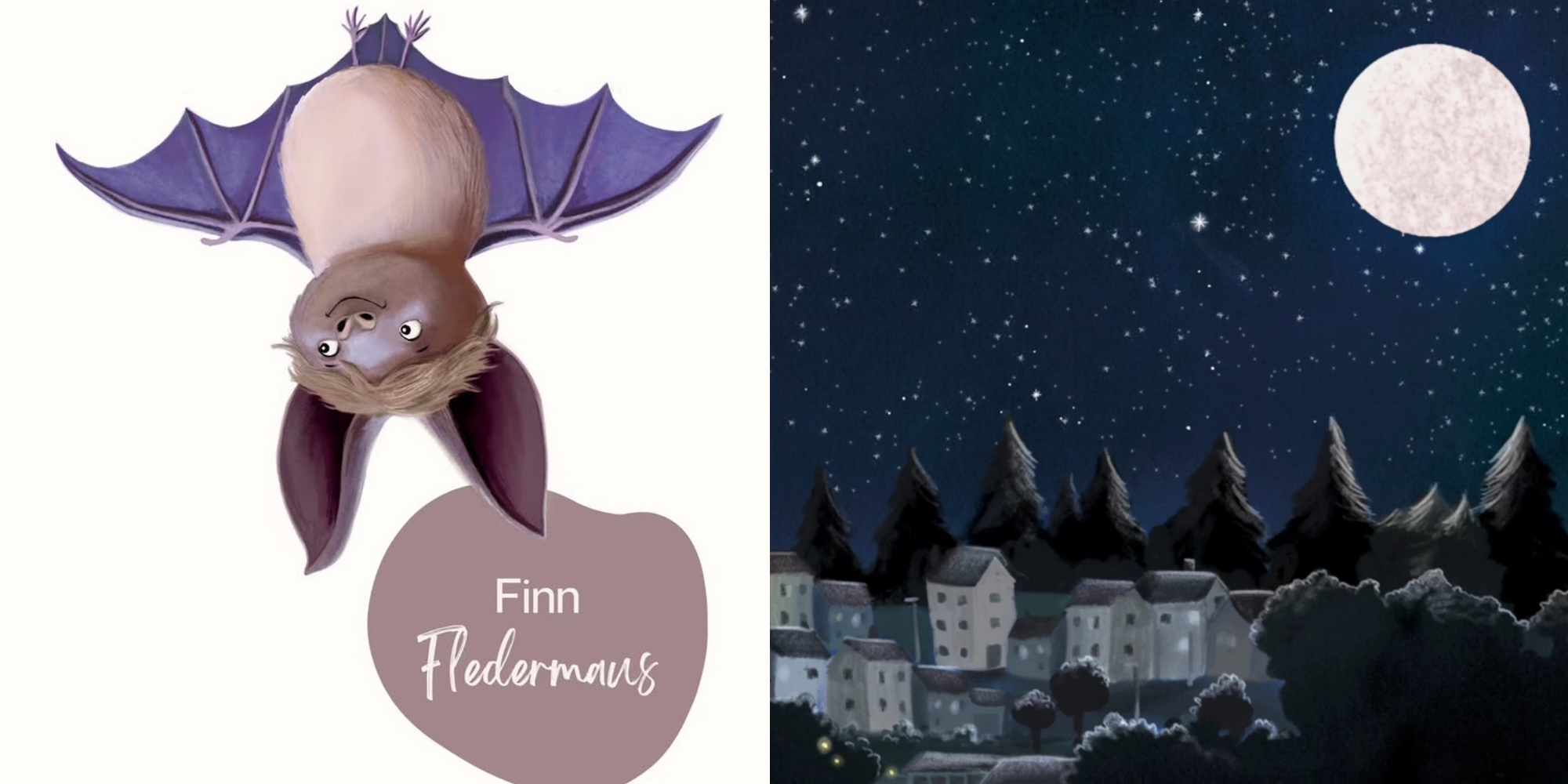 Finn Fledermaus und das Blenden der Nacht - Finn Fledermaus: Zu sehen, sind ein Nachthimmel mit Sternen über den Dächern von Häusern sowie eine Fledermaus.