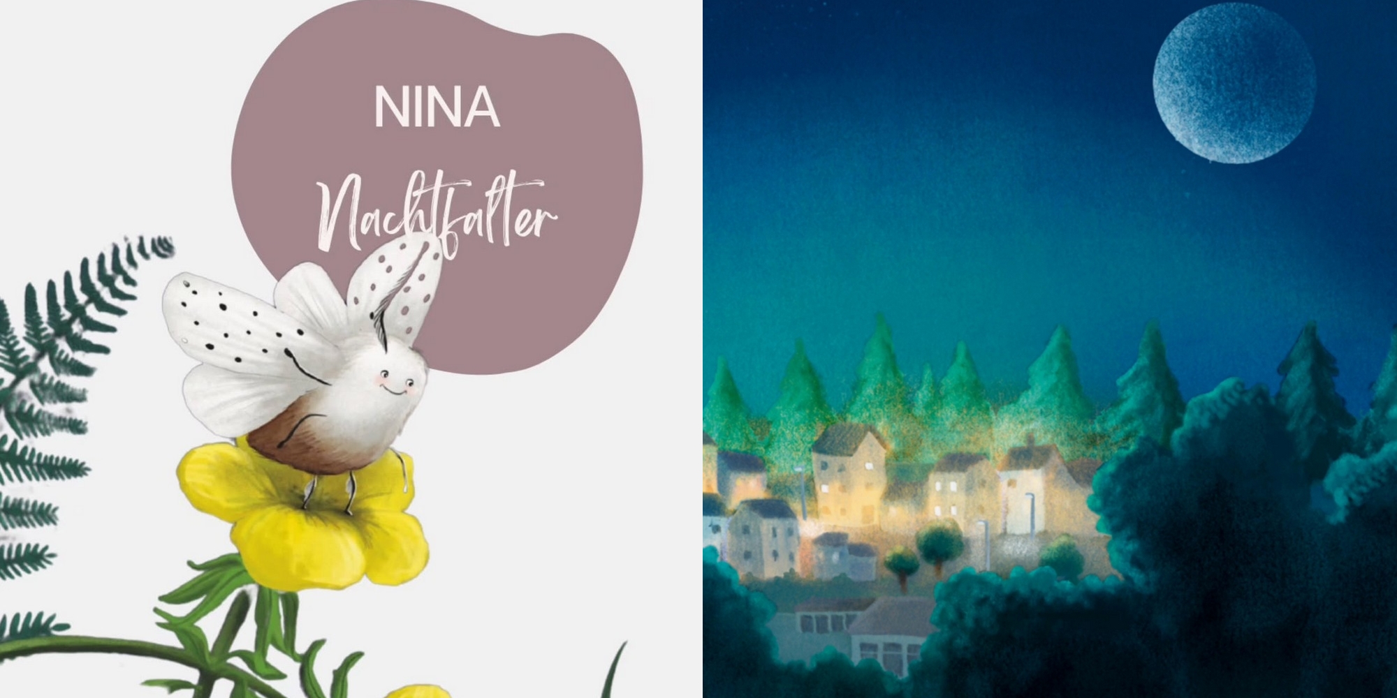 Finn Fledermaus und das Blenden der Nacht - Nina Nachtfalter: Dargestellt ist eine hell erleuchtete Stadt in der Nacht sowie ein Nachtfalter auf einer Blüte.